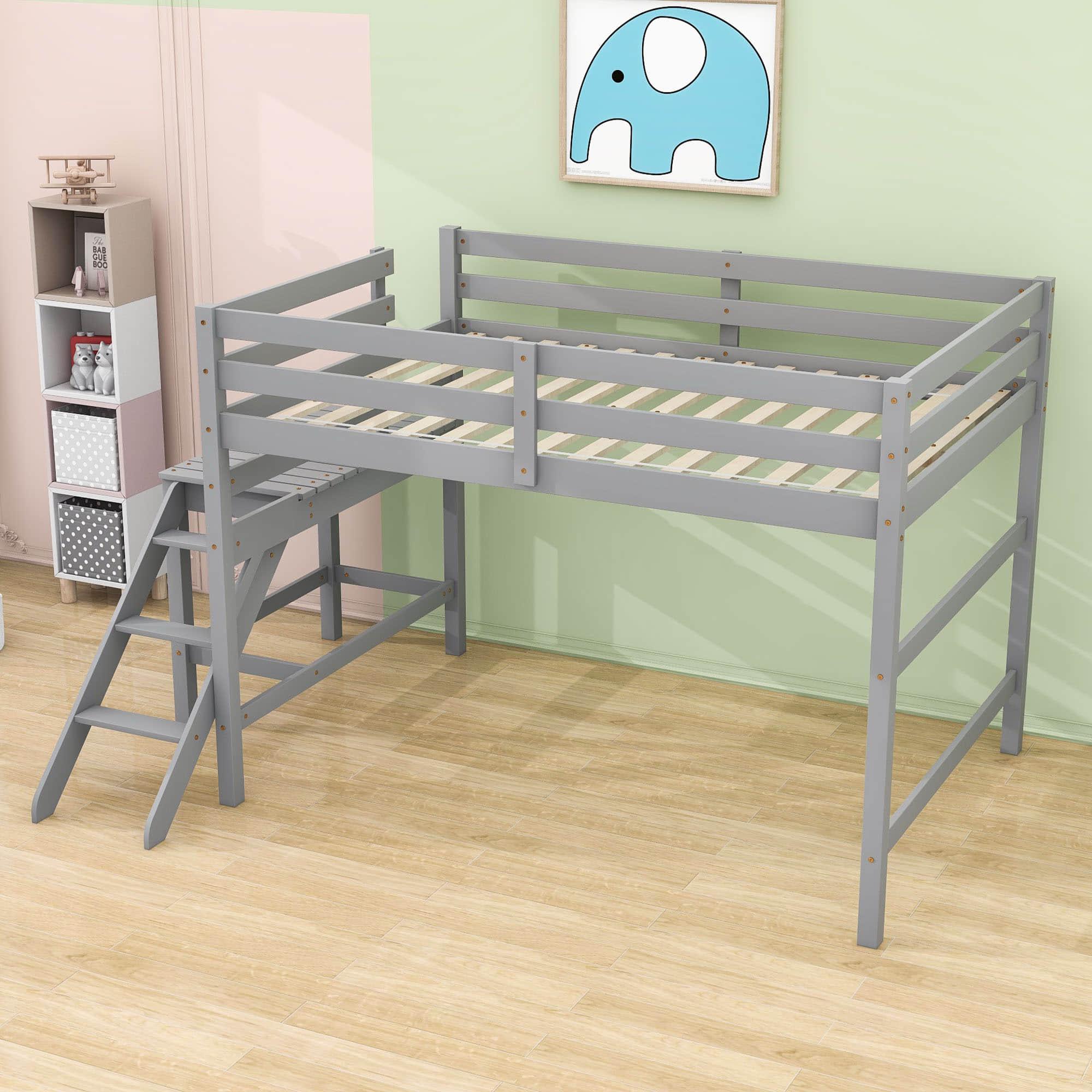 Full Size Low Wooden Loft Bed with Ladder for Kids