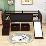 Low Kids Twin Loft Bed with Slide and Storage Boxes, Blackboard