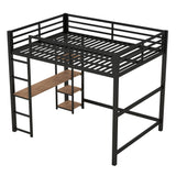 Full Size Metal Loft Bed with Desk and Storage Shelves for Kids, Adults