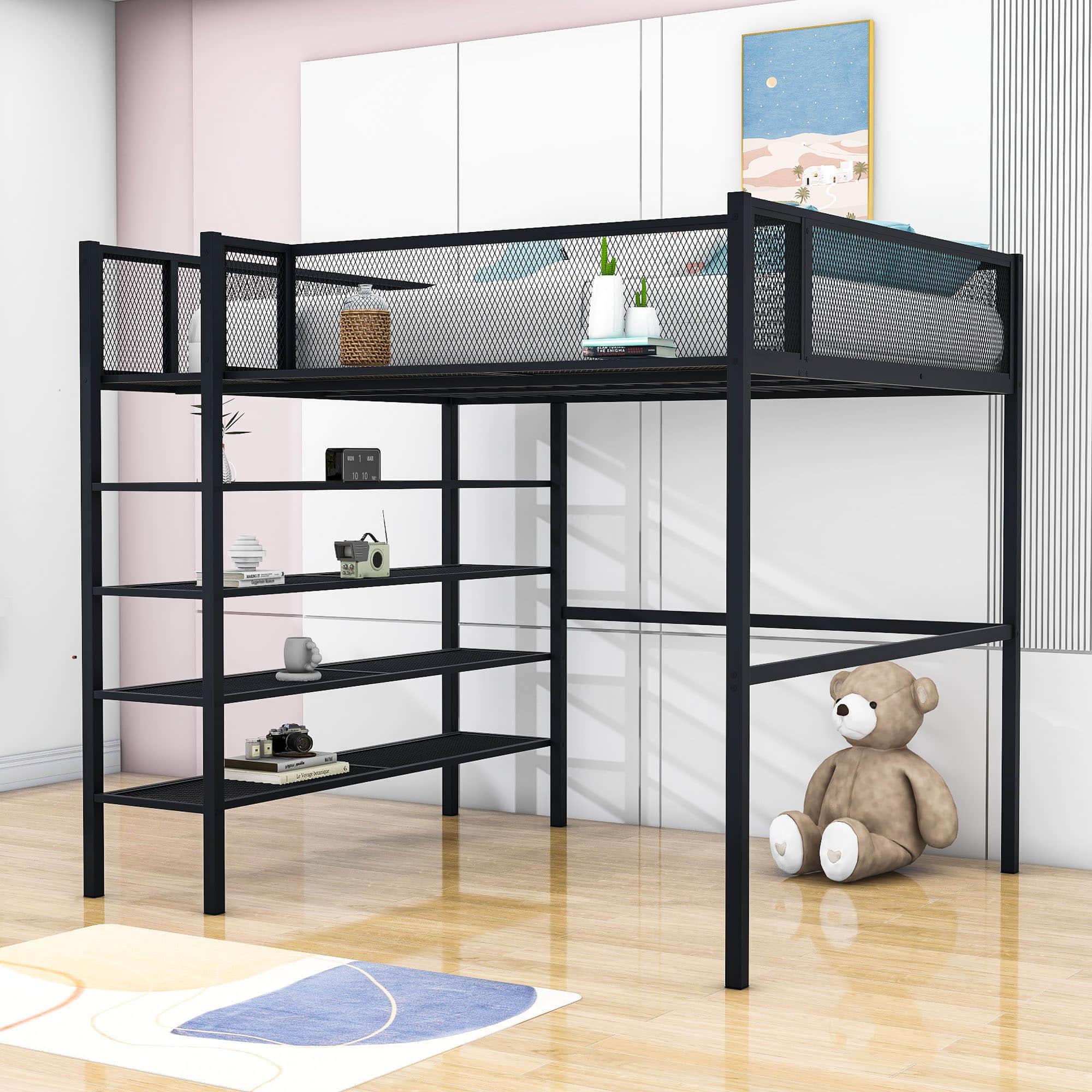 Modern Metal Full Size Loft Bed with Storage Shelves for Adult, Junior