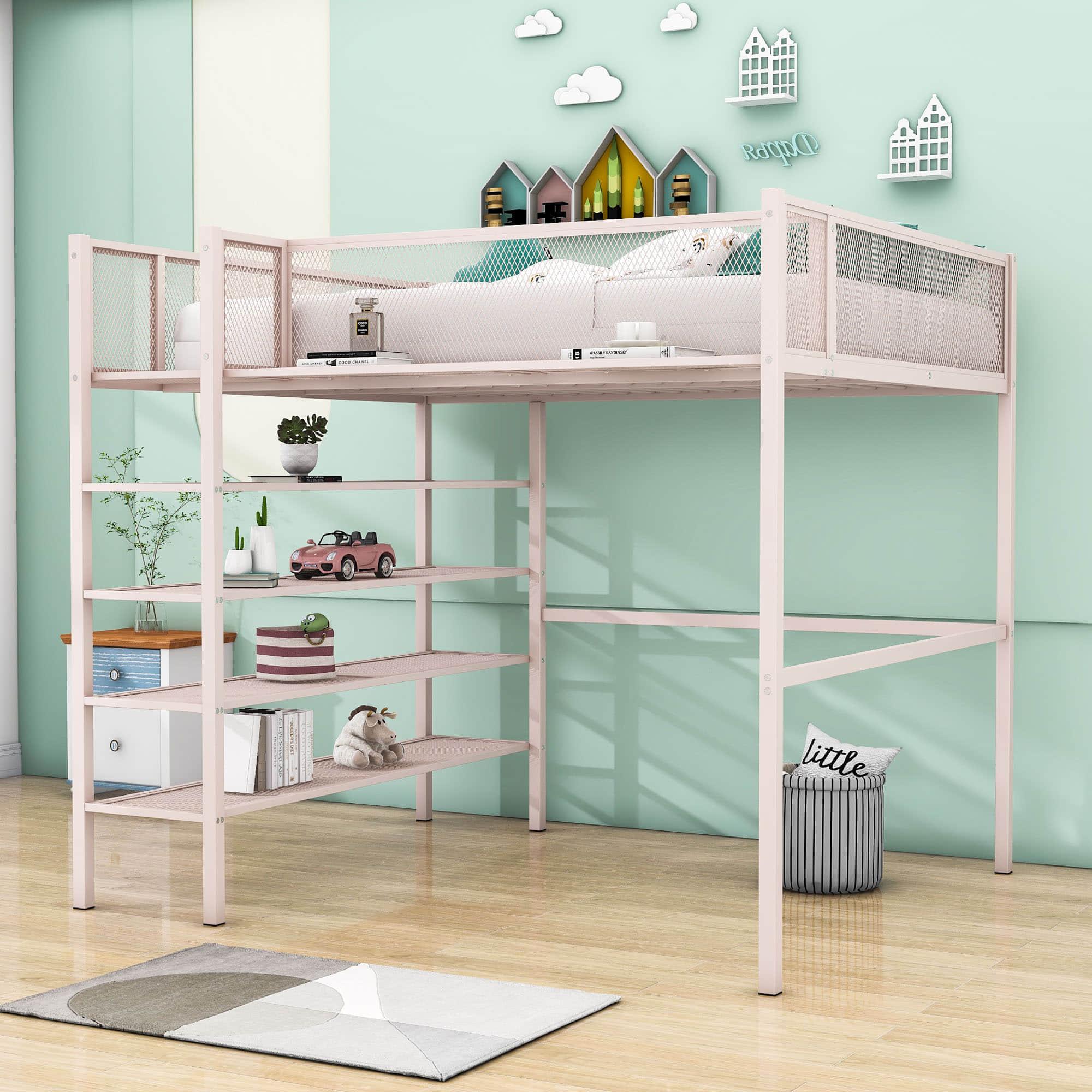 Modern Metal Full Size Loft Bed with Storage Shelves for Adult, Junior