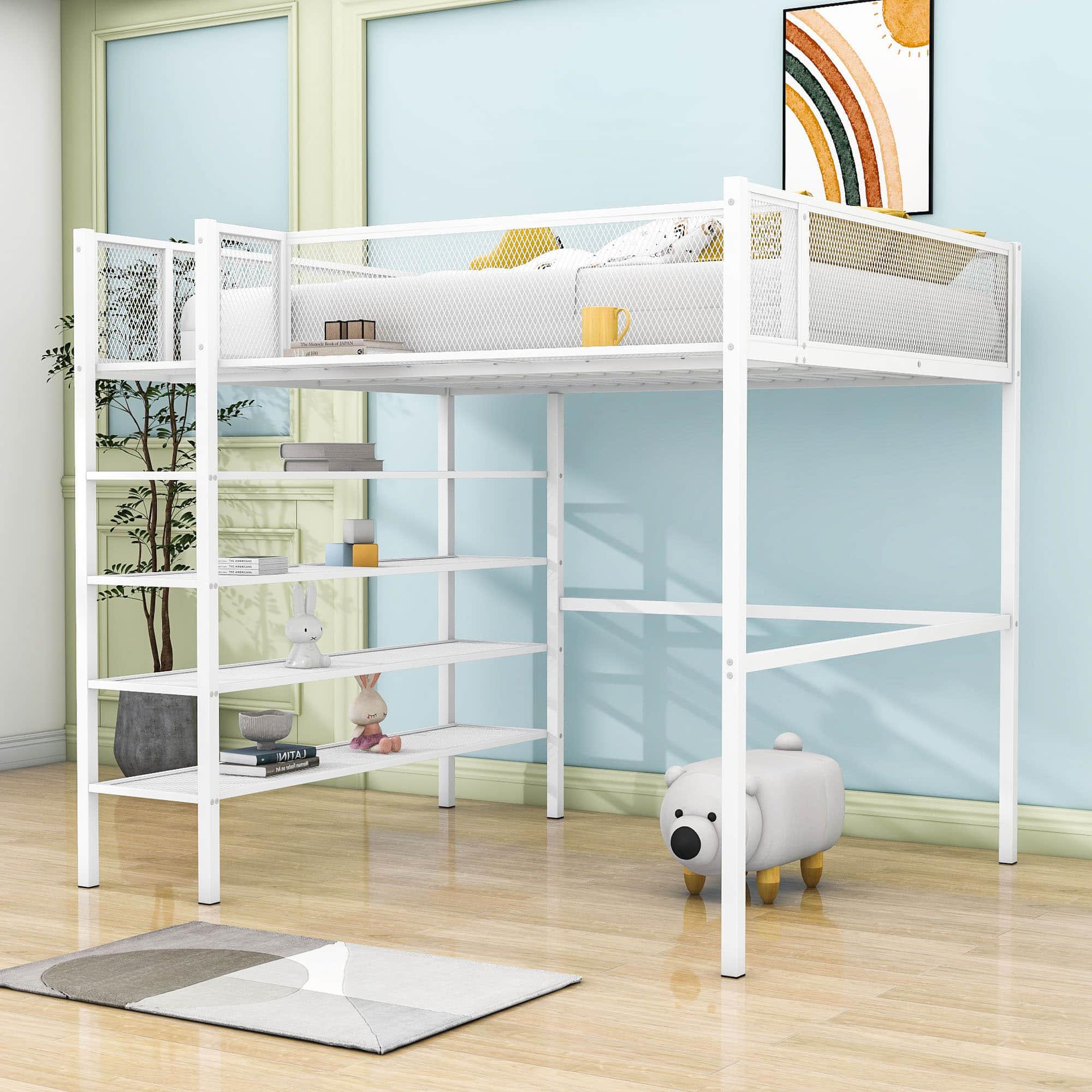 Modern Metal Full Size Loft Bed with Storage Shelves for Adult, Junior