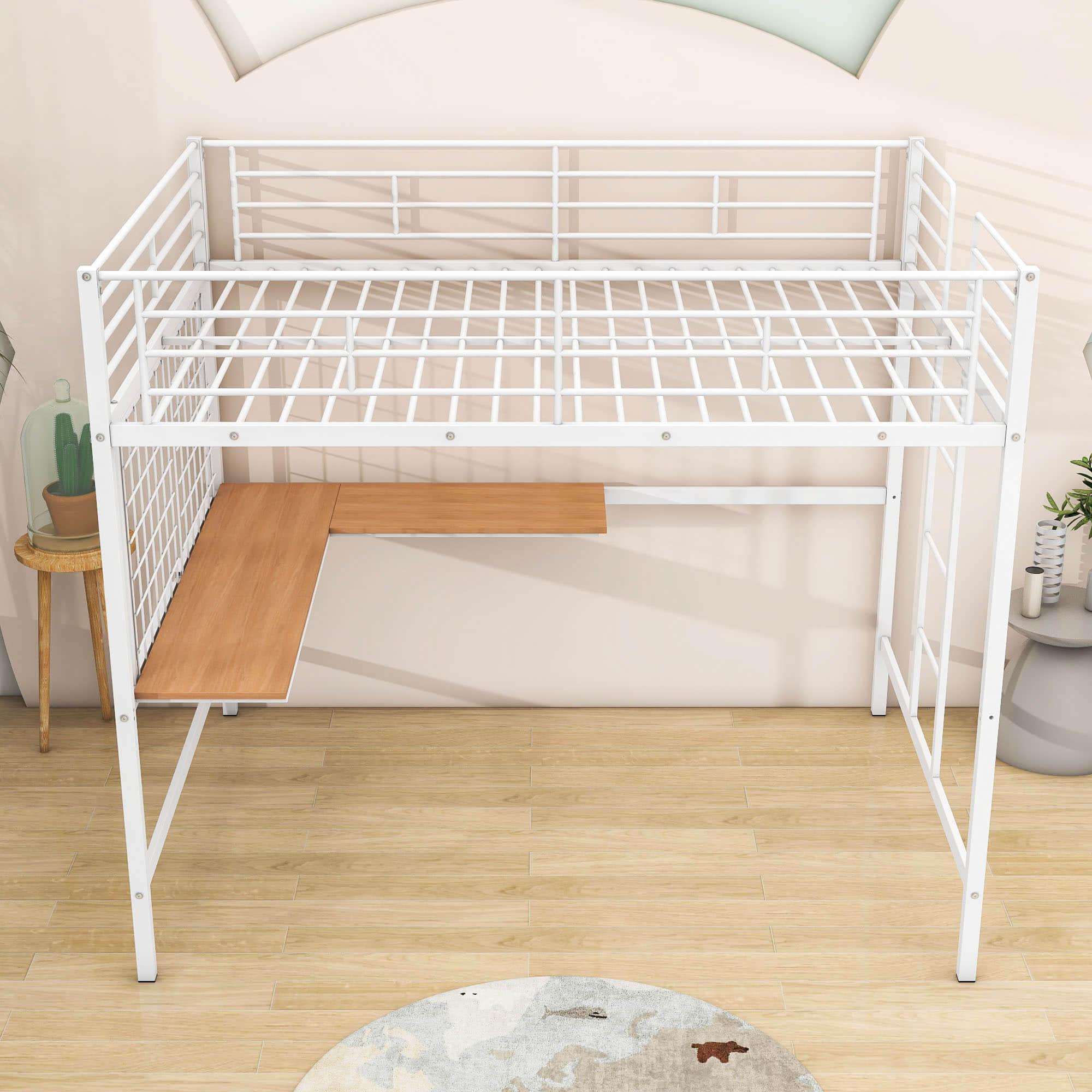 Metal Full Size Loft Bed with Desk and Grid for Kids, Adults, Teens