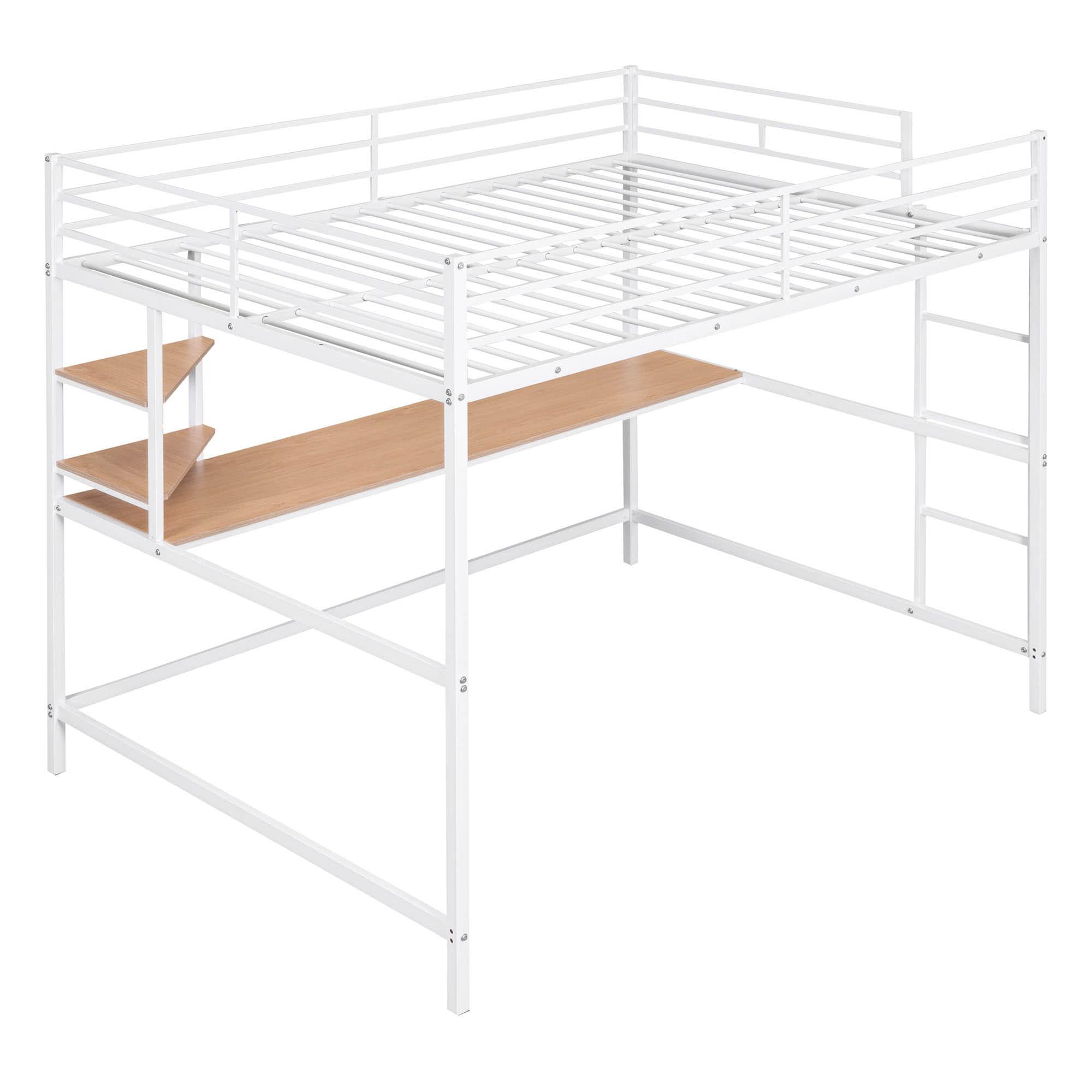 Full Size Metal Loft Bed with Desk and Shelves for Kids, Adults, Teens