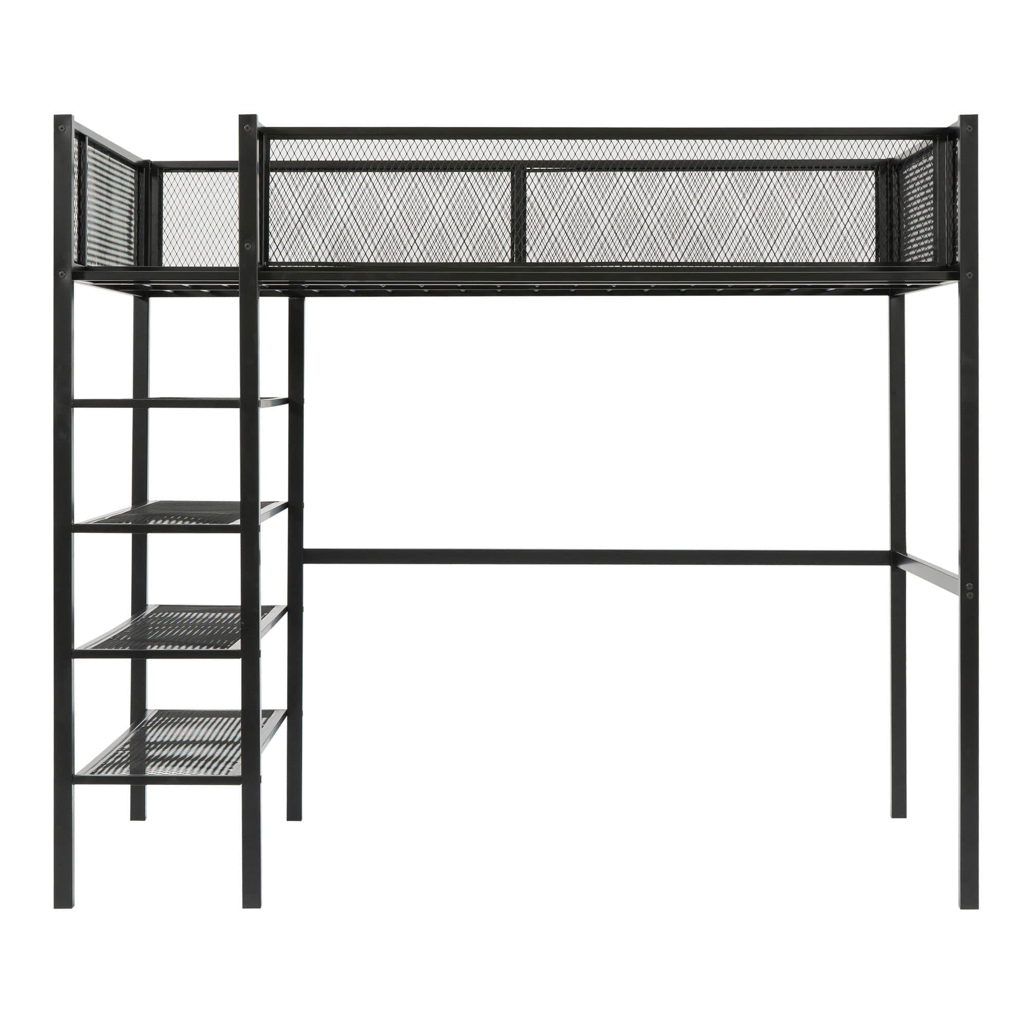 Sturdy Twin Metal Loft Bed Frame with Storage Shelves for Adults, Kids