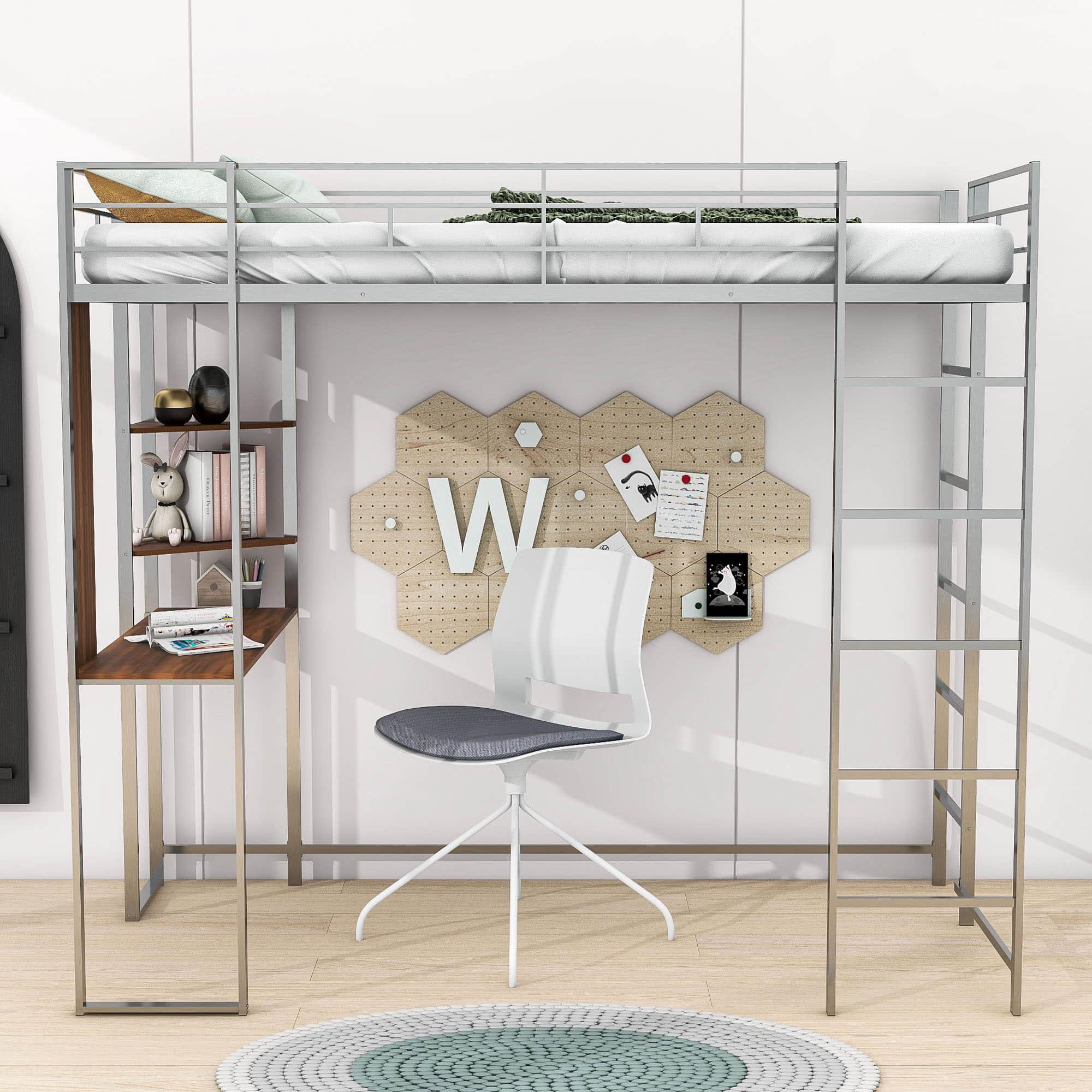 Metal Twin Loft Bed with Desk and Storage Shelves for Teens, Junior, Adult