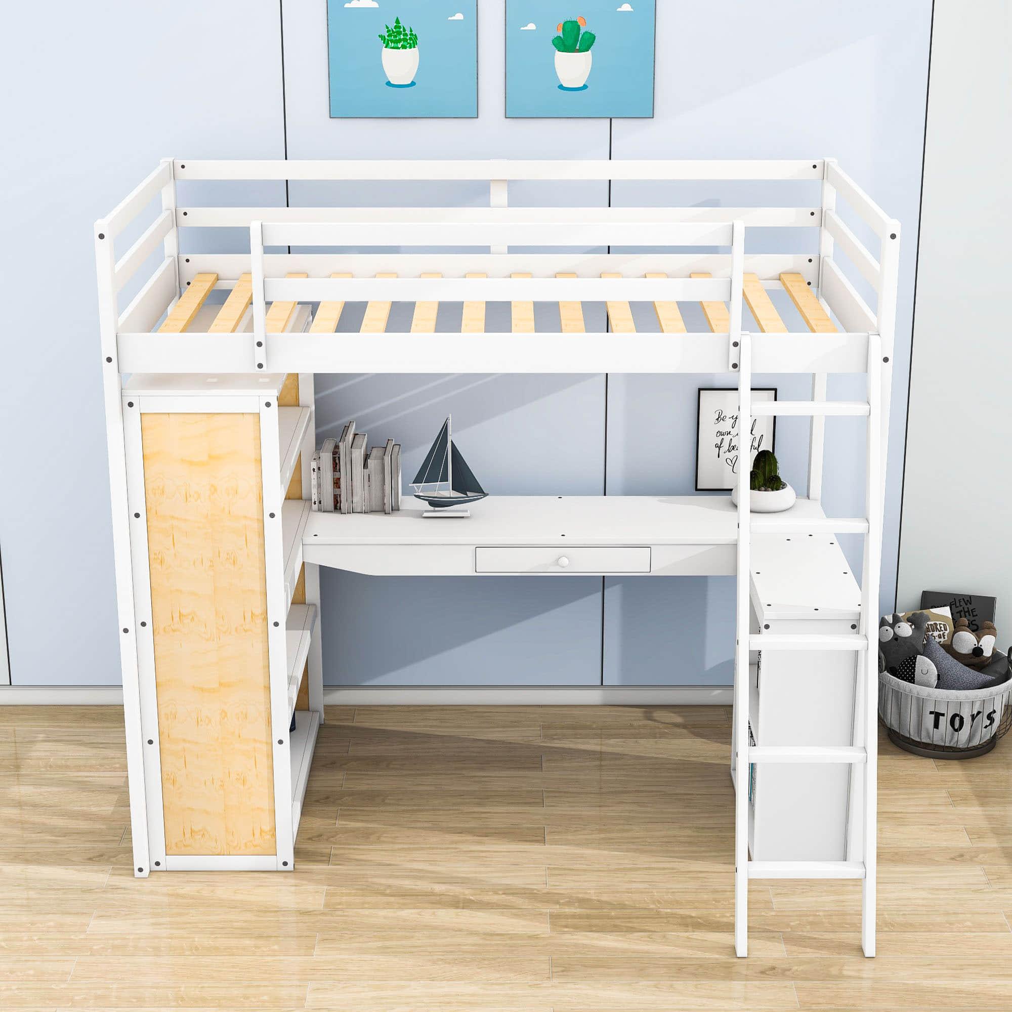 Twin Loft Bed with Desk and Storage Shelves for Adults, Teens