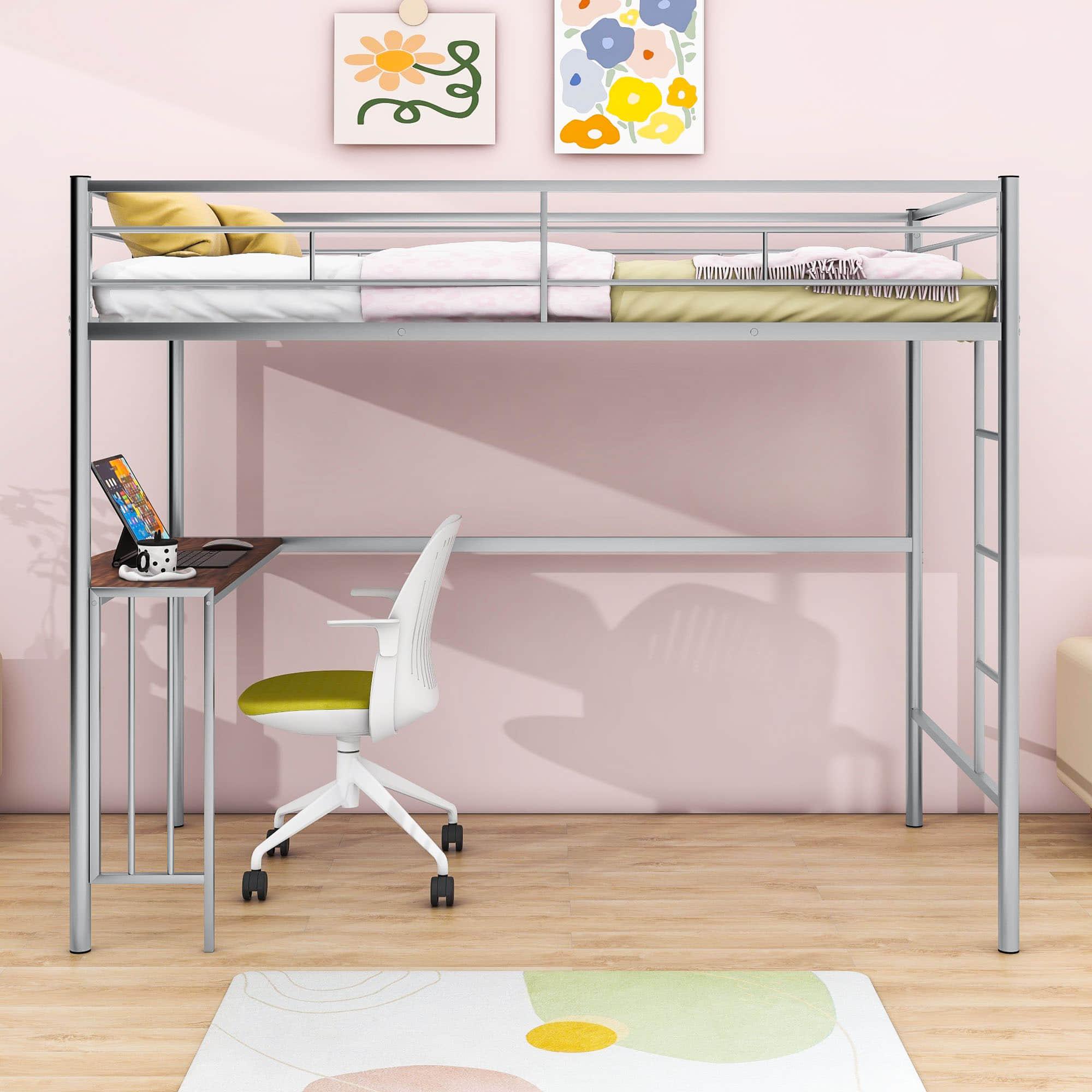 Twin Metal Loft Bed with Desk Underneath for Teen, Junior, Adult