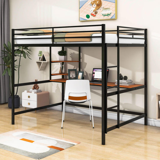 Full Size Metal Loft Bed with Desk and Shelves for Kids, Adults, Teens