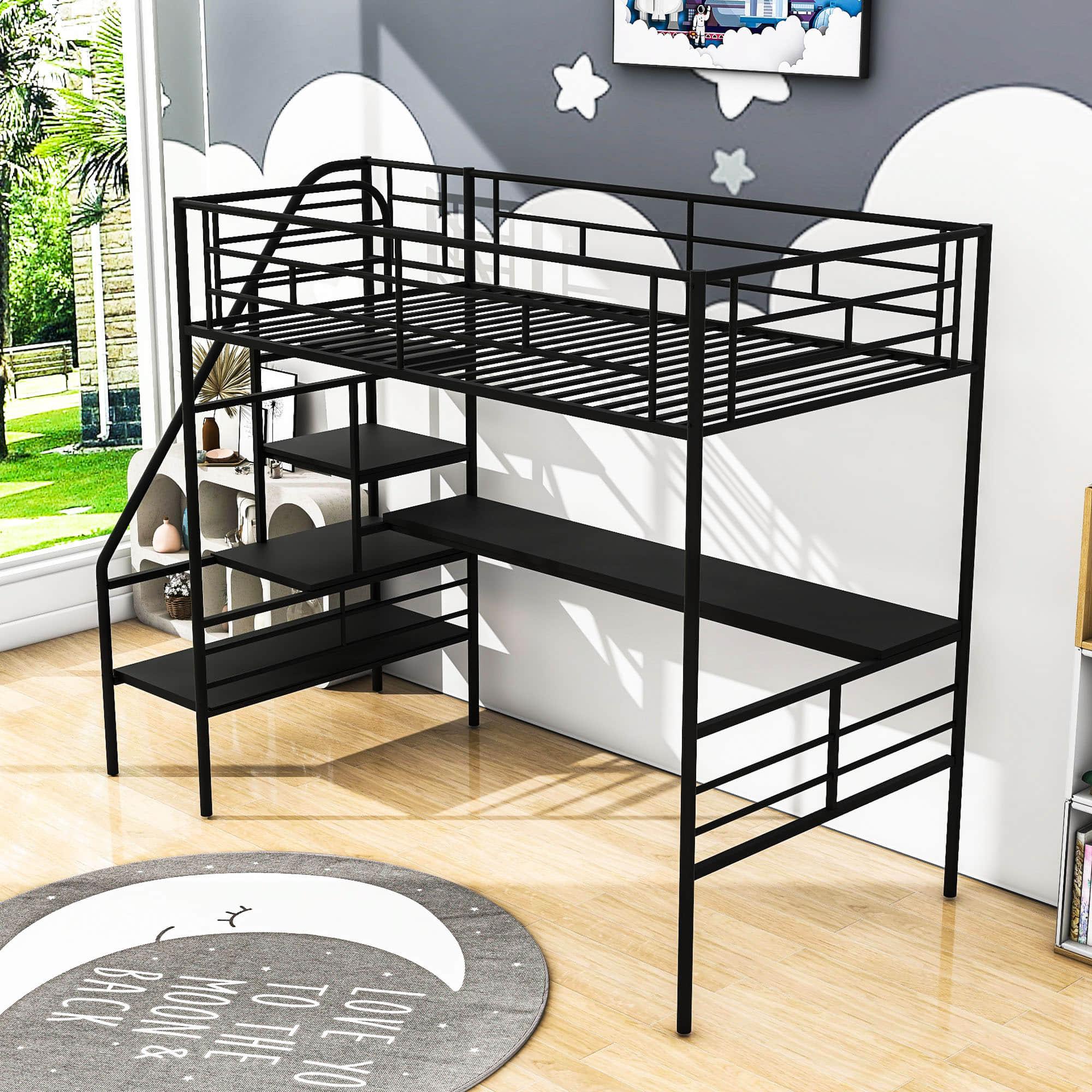 Metal High Twin Size Loft Bed Frame with Desk and Stairs for Adults, Kids