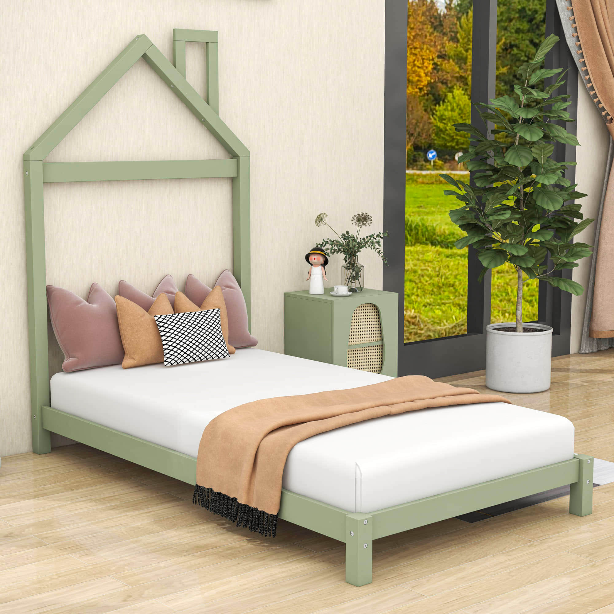 Wood Twin Size Low Platform Bed with House-shaped Headboard