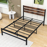 Rustic Full Size Metal Bed Frame with Vintage Wood Headboard