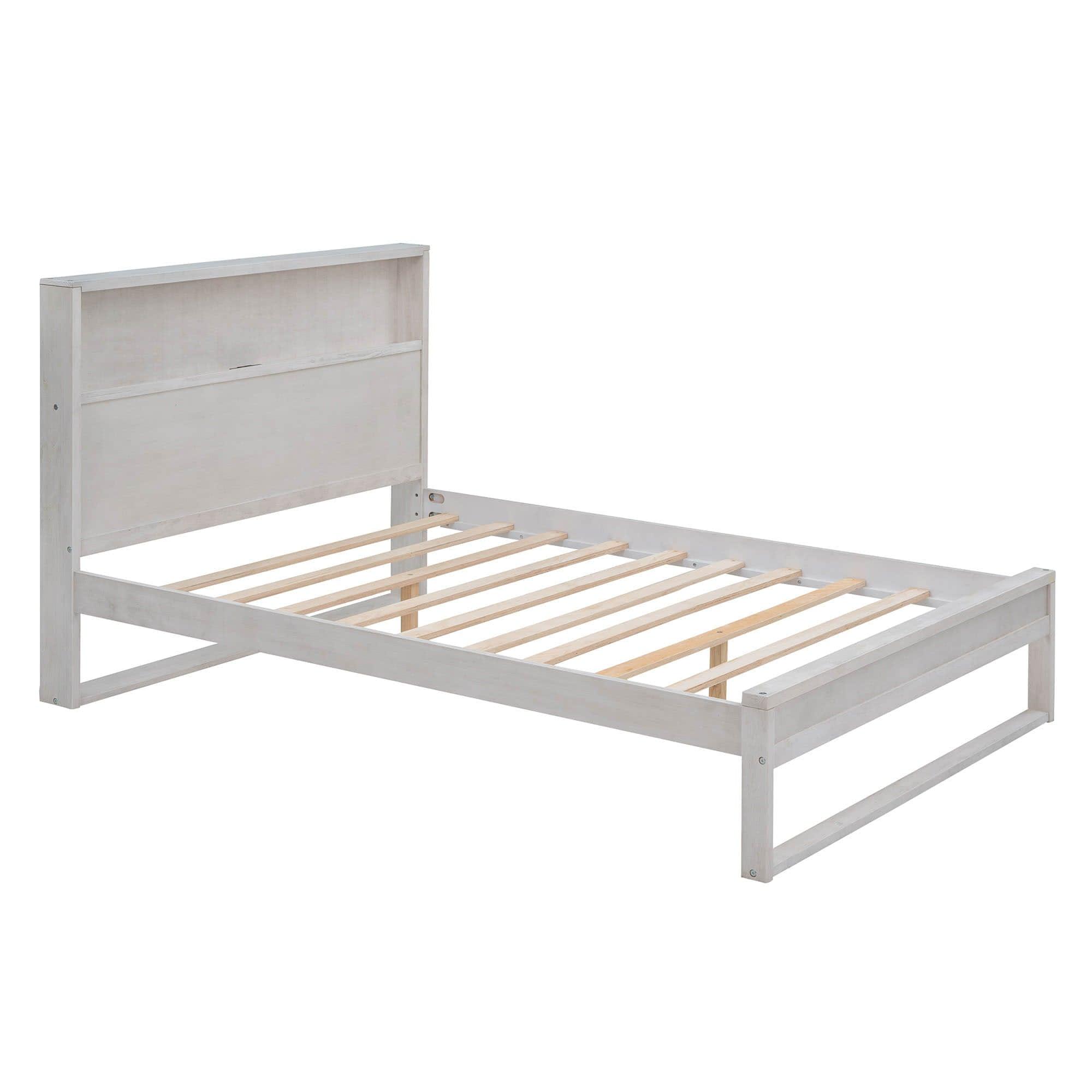 Rustic Farmhouse Full Size Smart Platform Bed with Storage Headboard - [Sockets, USB Ports]