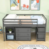 Montessori Twin Low Loft Bed with Desk and Storage for Kids - [Shelves, Dresser, Drawers, Ladder, Wood]