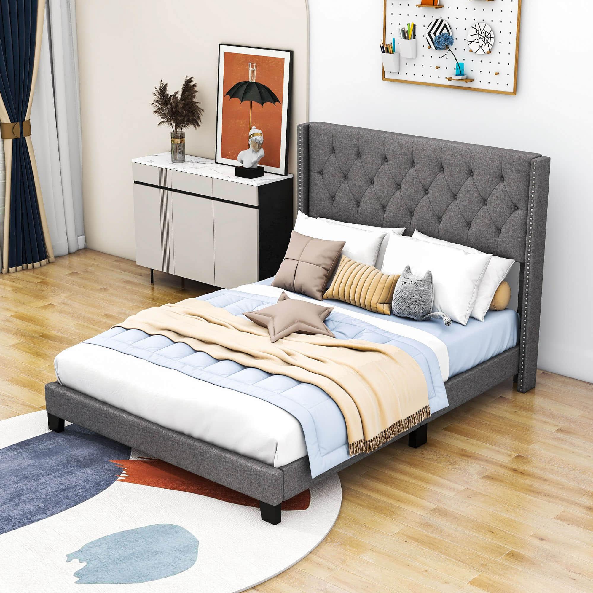 Queen Size Linen Upholstered Bed Frame with Tufted Headboard