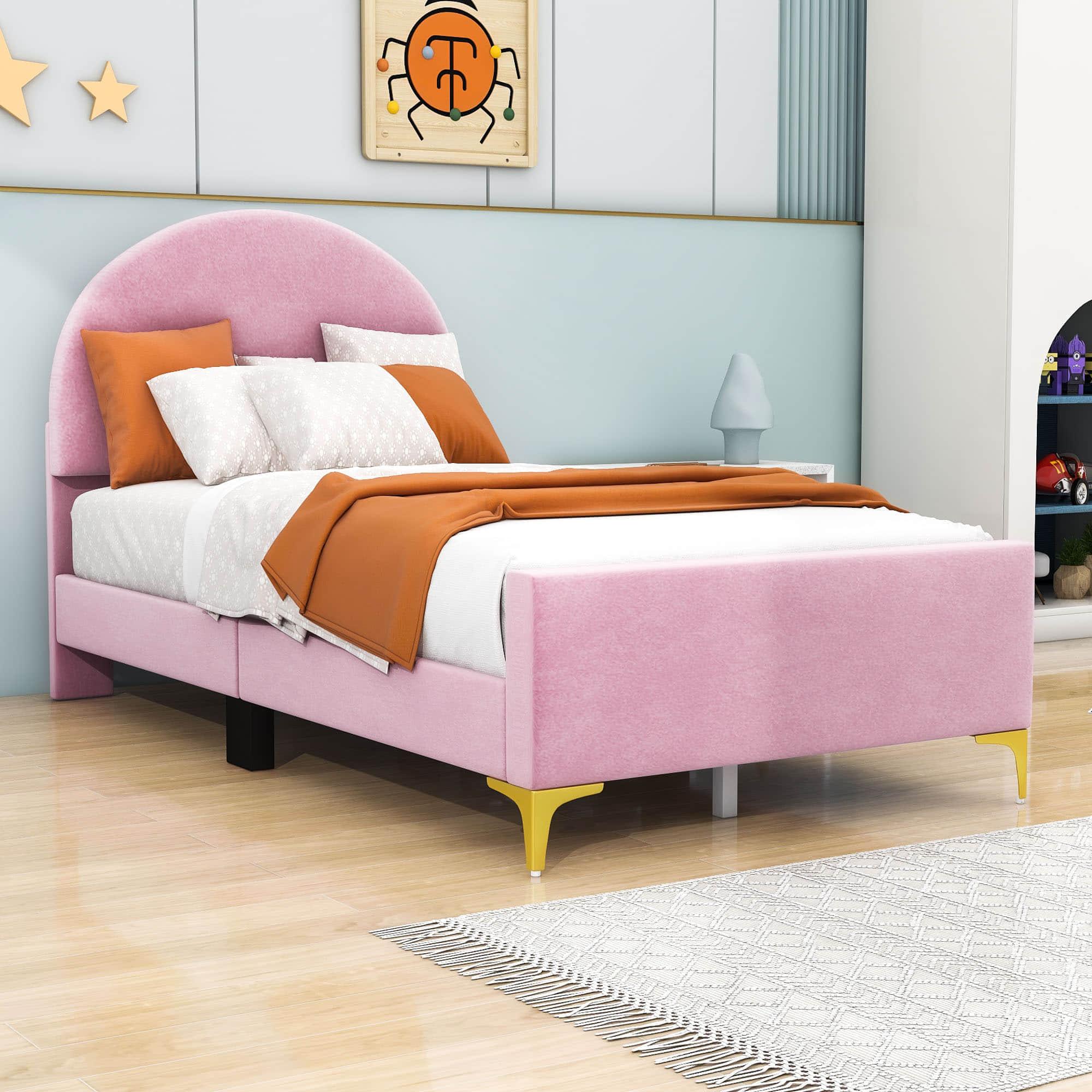 Velvet Upholstered Twin Bed Frame with Headboard for Kids, Adults