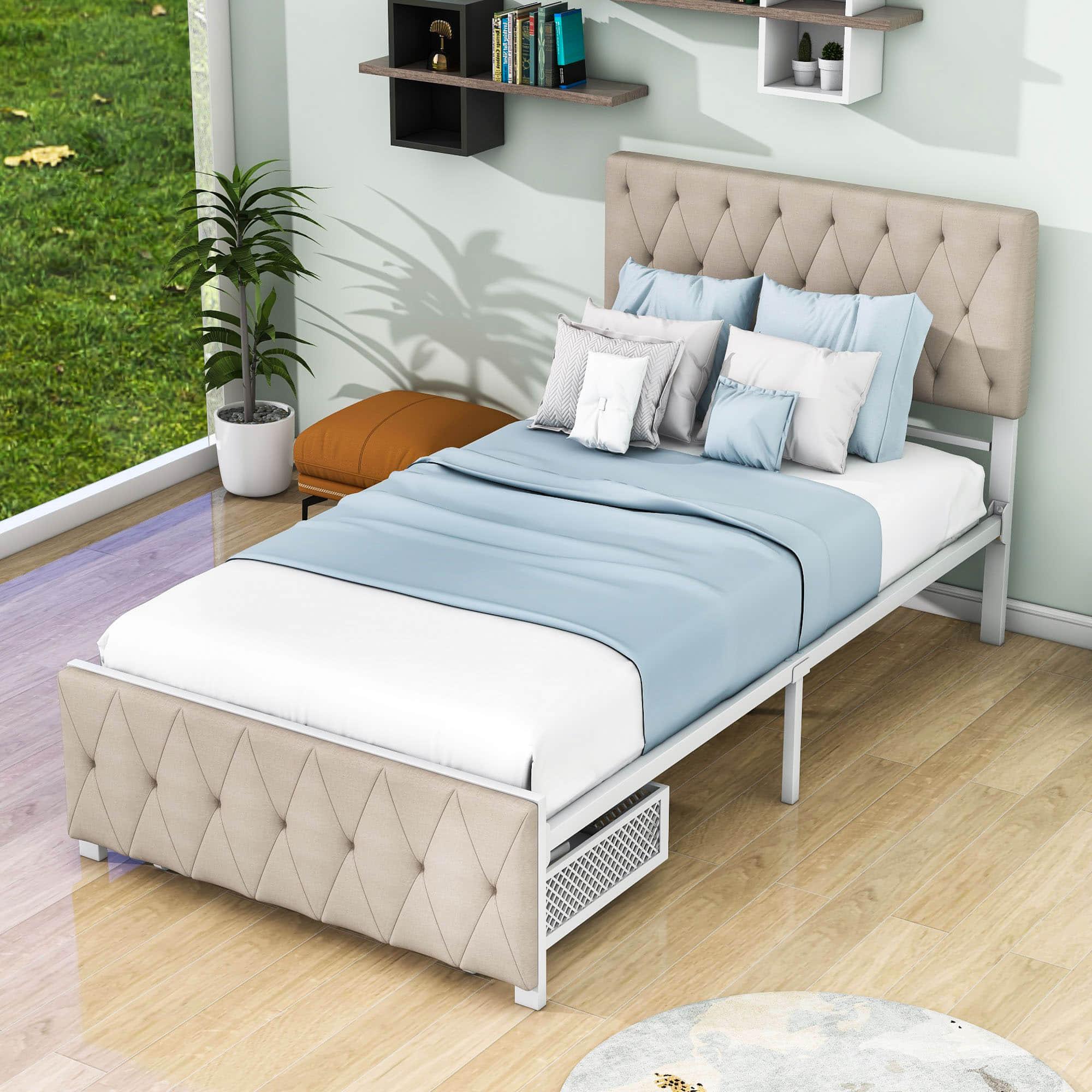 Metal Twin Size Upholstered Storage Bed with Headboard and Drawer