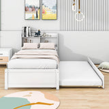 Wooden Twin Platform Bed with Twin Trundle Bed and Storage Headboard - [Shelves]