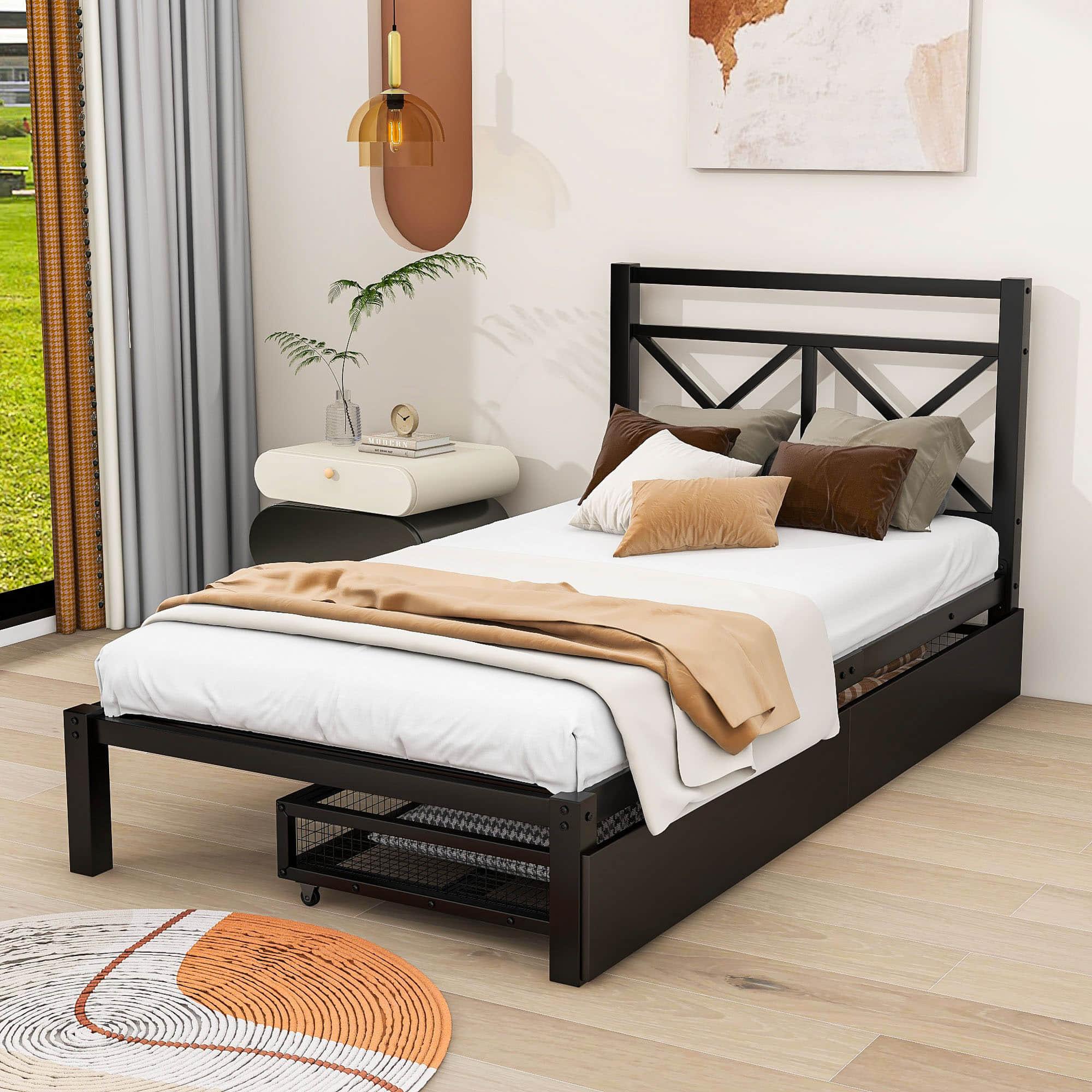 Metal Black Twin Platform Bed with Headboard and Storage