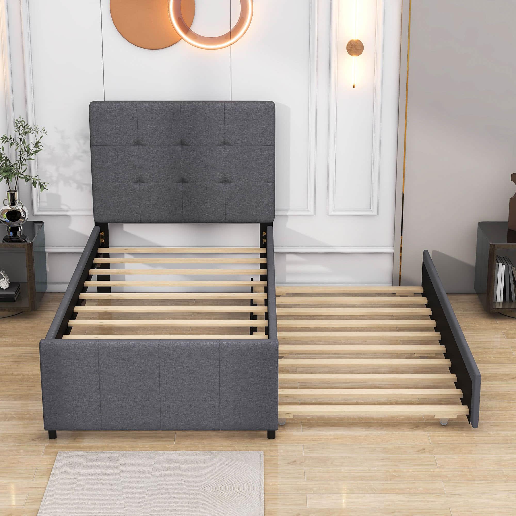 Twin Upholstered Platform Bed with Headboard and Trundle - [Linen]