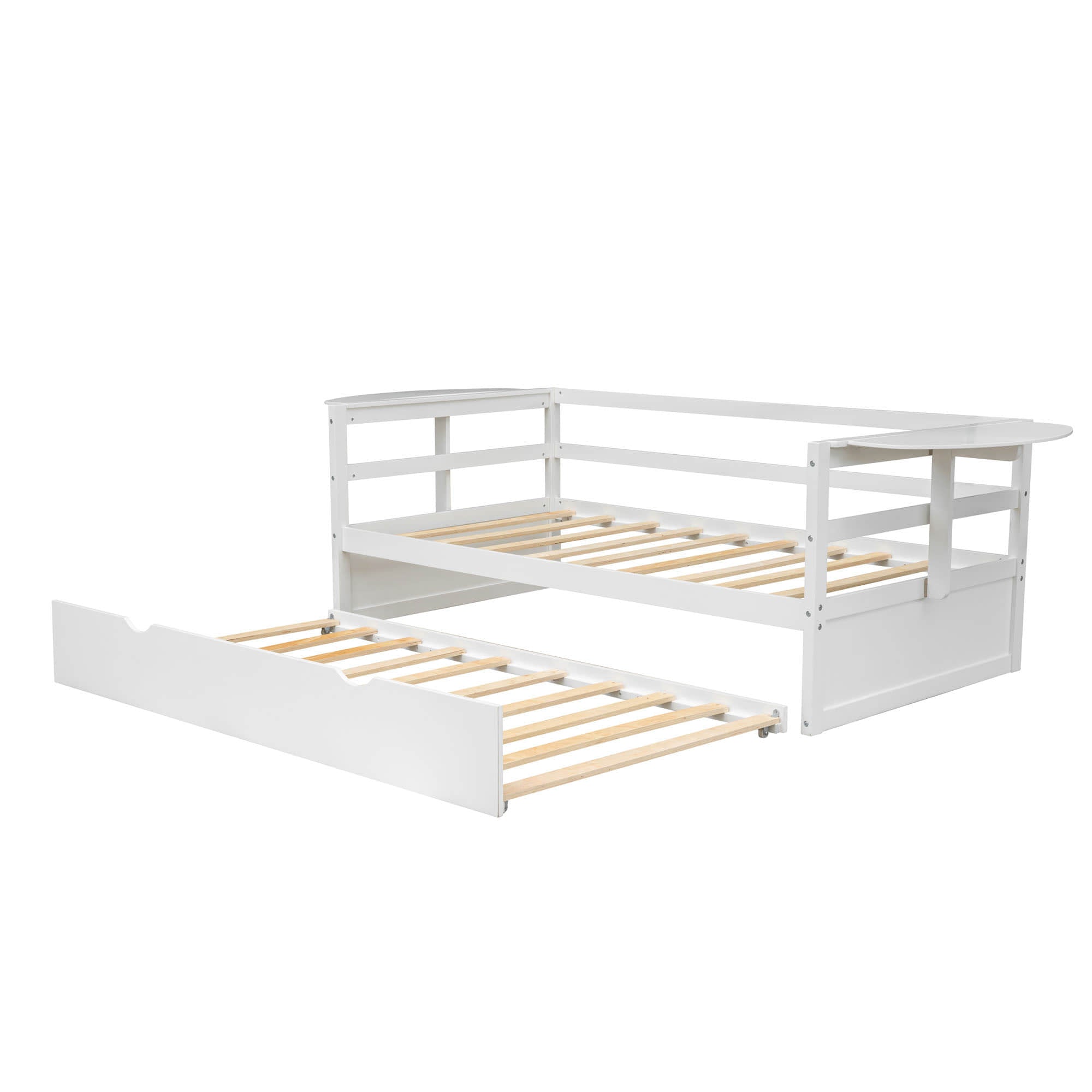 Modern Wood Twin Daybed with Trundle Bed and Foldable Shelves