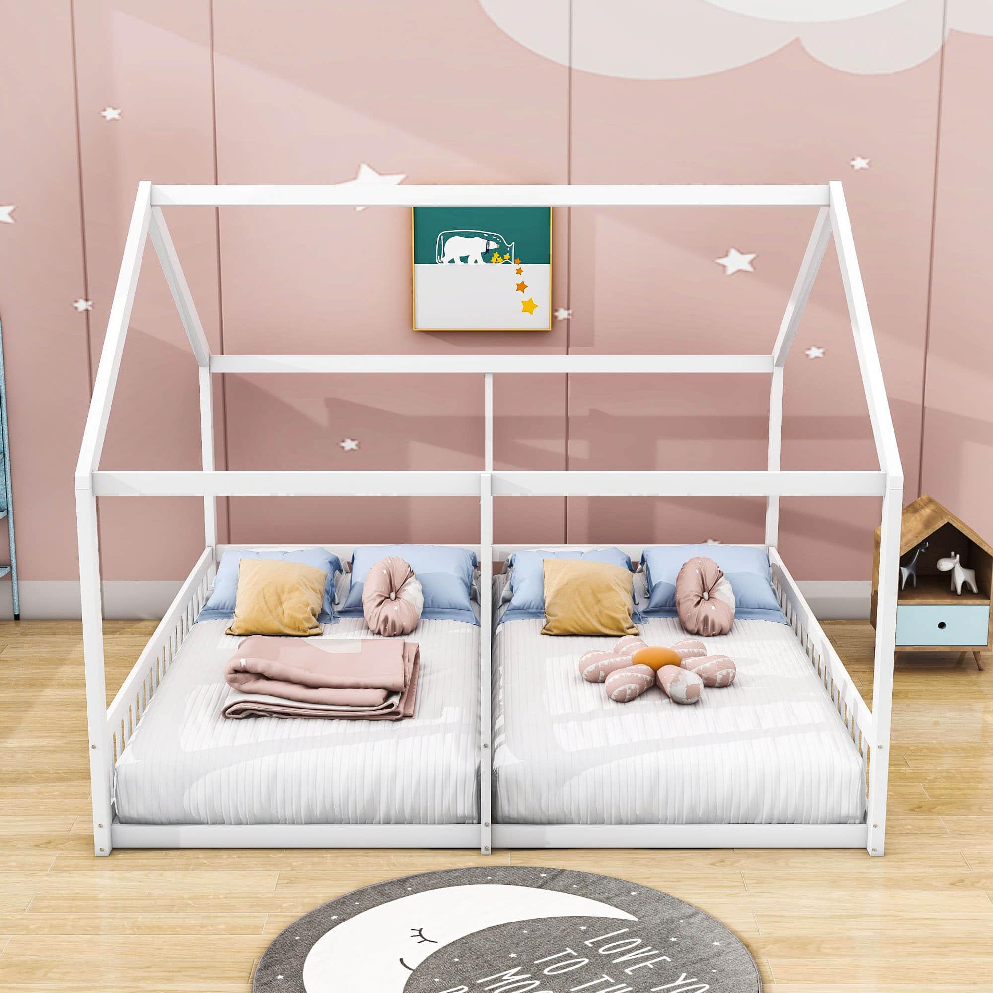 Montessori Double Twin House Floor Bed with Rails for Kids, Toddler