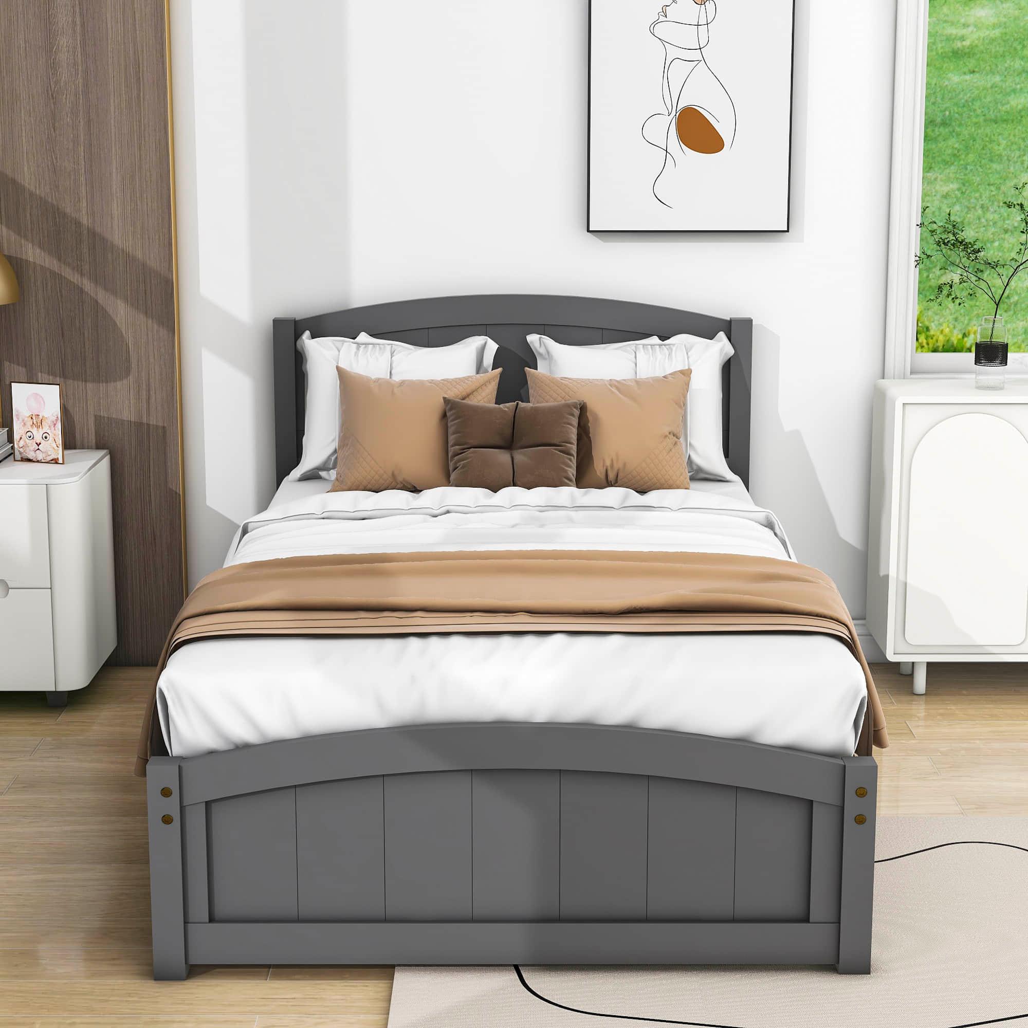 Wood Modern Classic Platform Bed with Headboard for Kids Adults