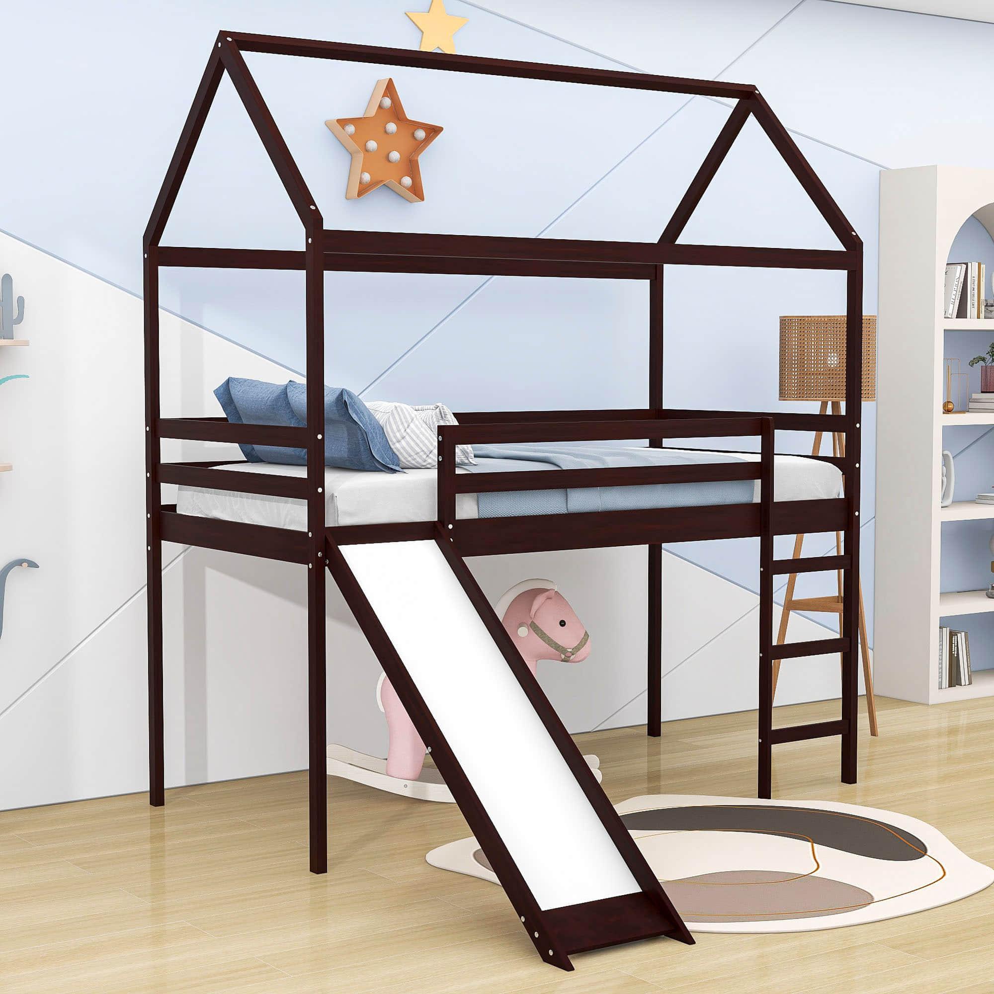 Wood Twin Medium House Loft Bed with Slide and Ladder