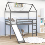 Wood Twin Medium House Loft Bed with Slide and Ladder