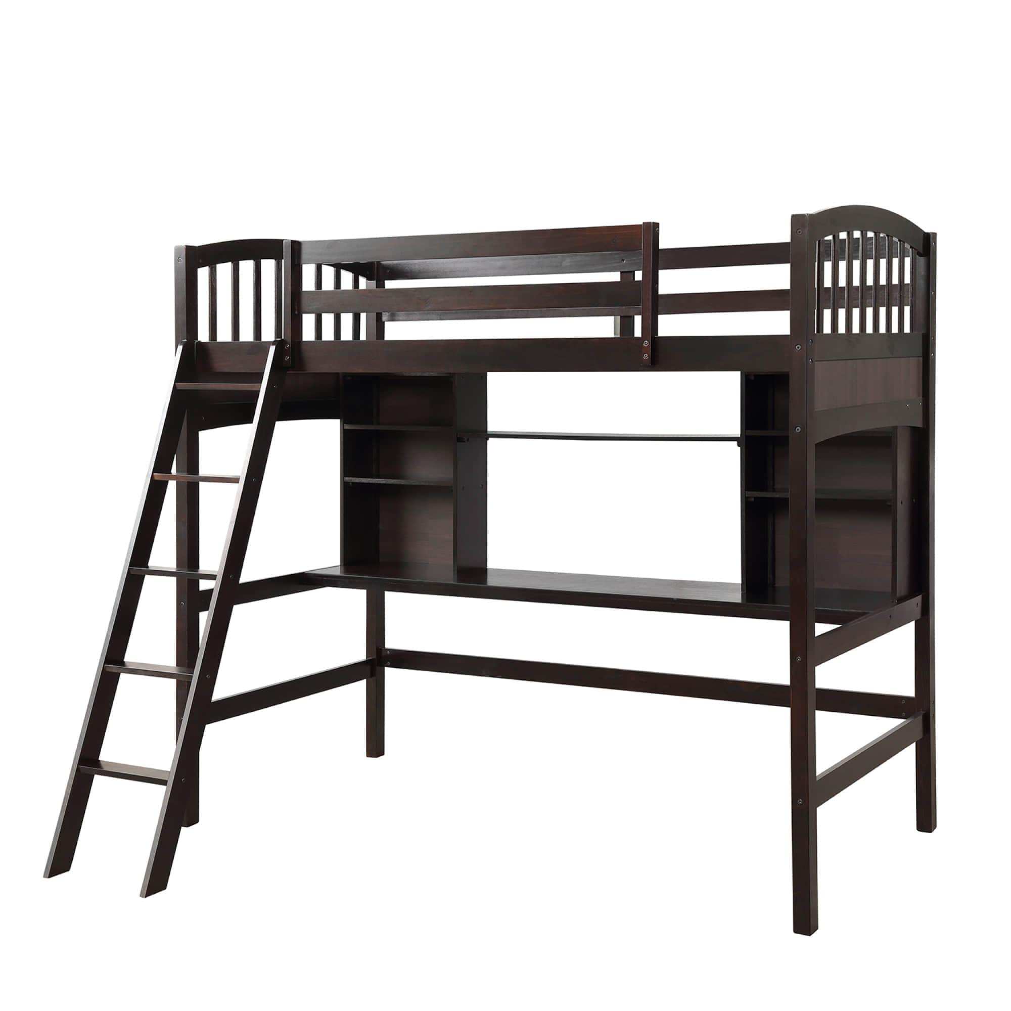 Convertible Twin High Loft Bed with Desk and Shelves - [Storage, Ladder, Wood]