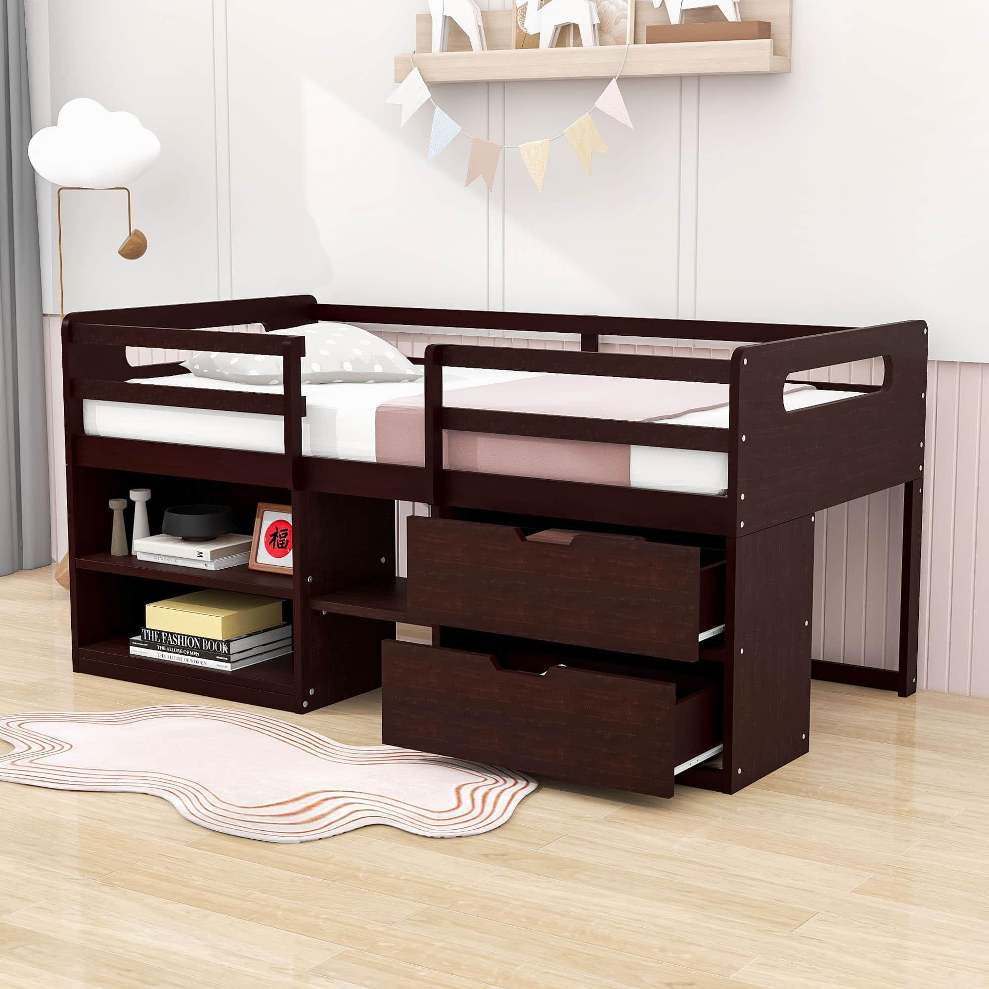 Modern Farmhouse Twin Low Montessori Loft Bed with Drawers and Shelves for Kids