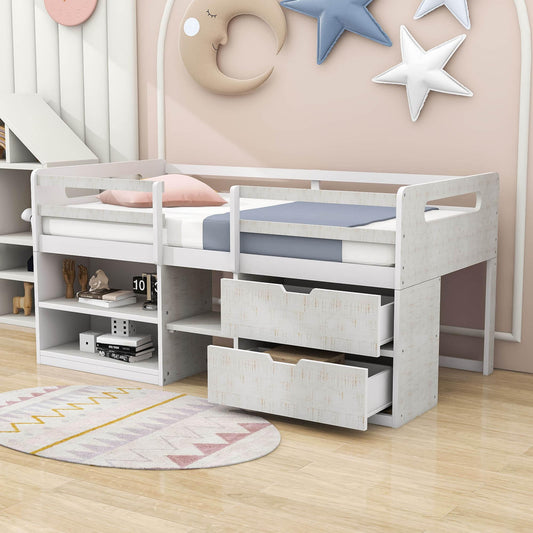 Modern Farmhouse Twin Low Montessori Loft Bed with Drawers and Shelves for Kids