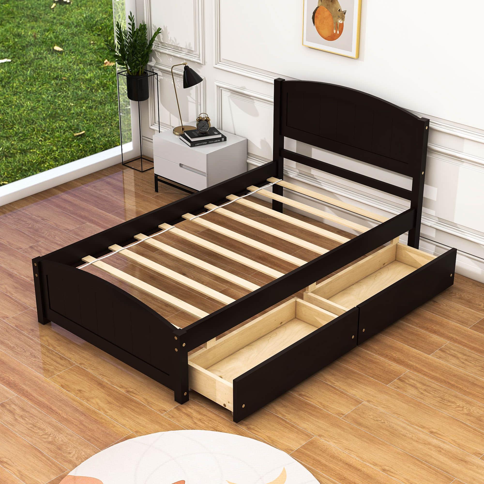 Twin Size Platform Bed with Two Storage Drawers for Kids - [Headboard]