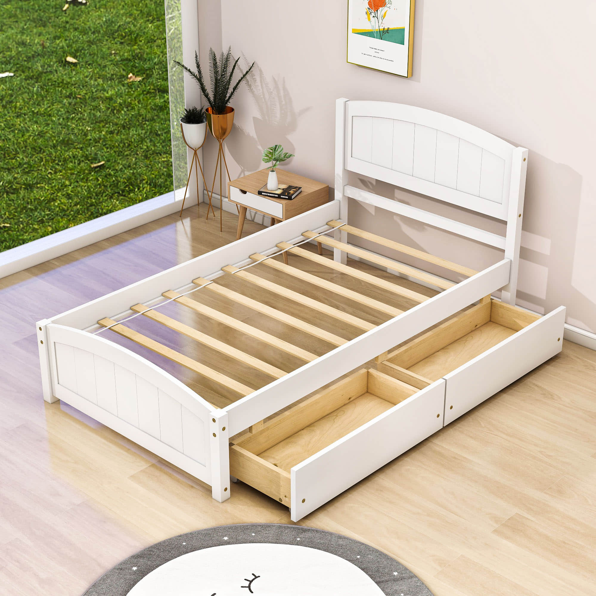 Twin Size Platform Bed with Two Storage Drawers for Kids - [Headboard]