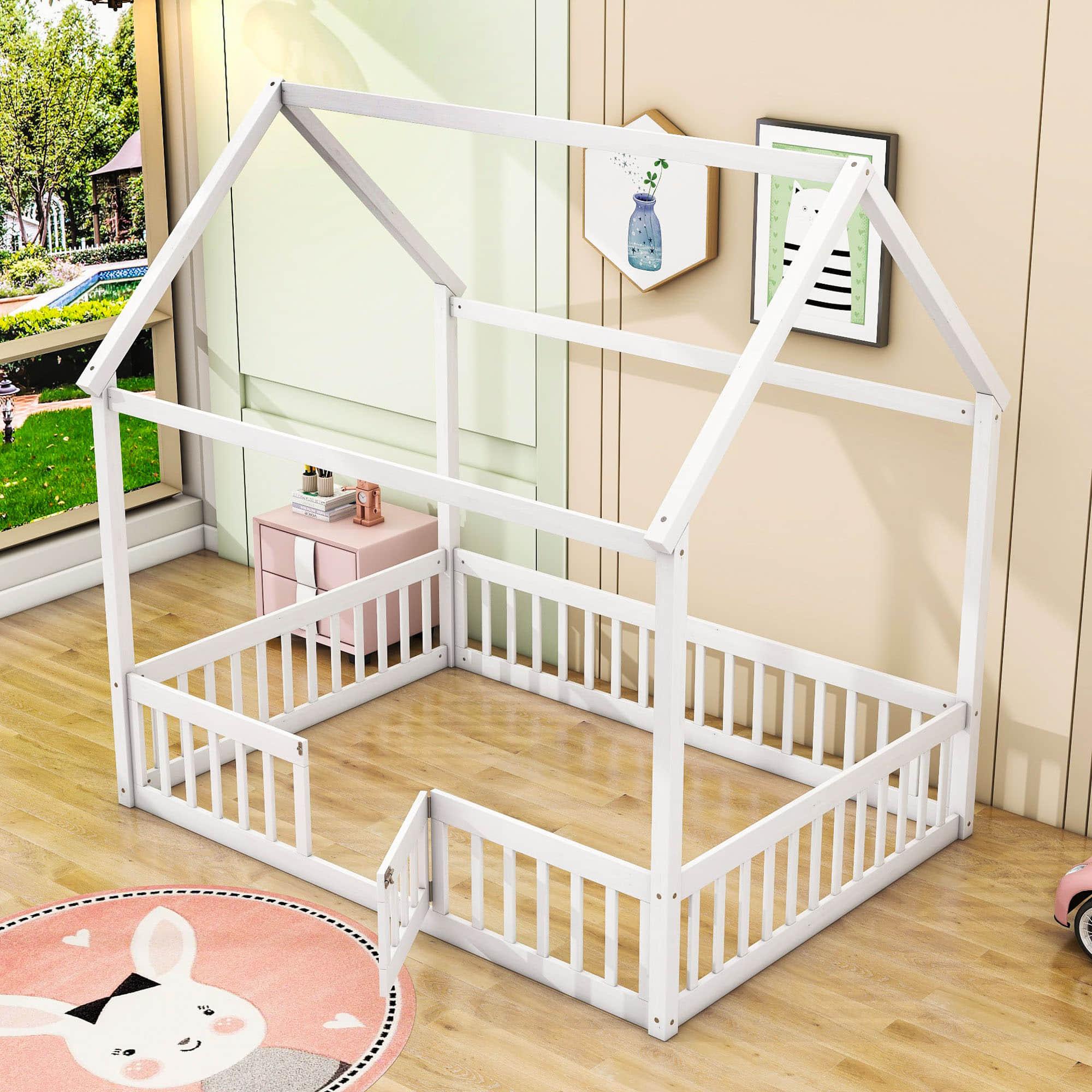 Full Size Wood House Toddler Floor Bed with Rails and Door