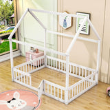 Full Size Wood House Toddler Floor Bed with Rails and Door