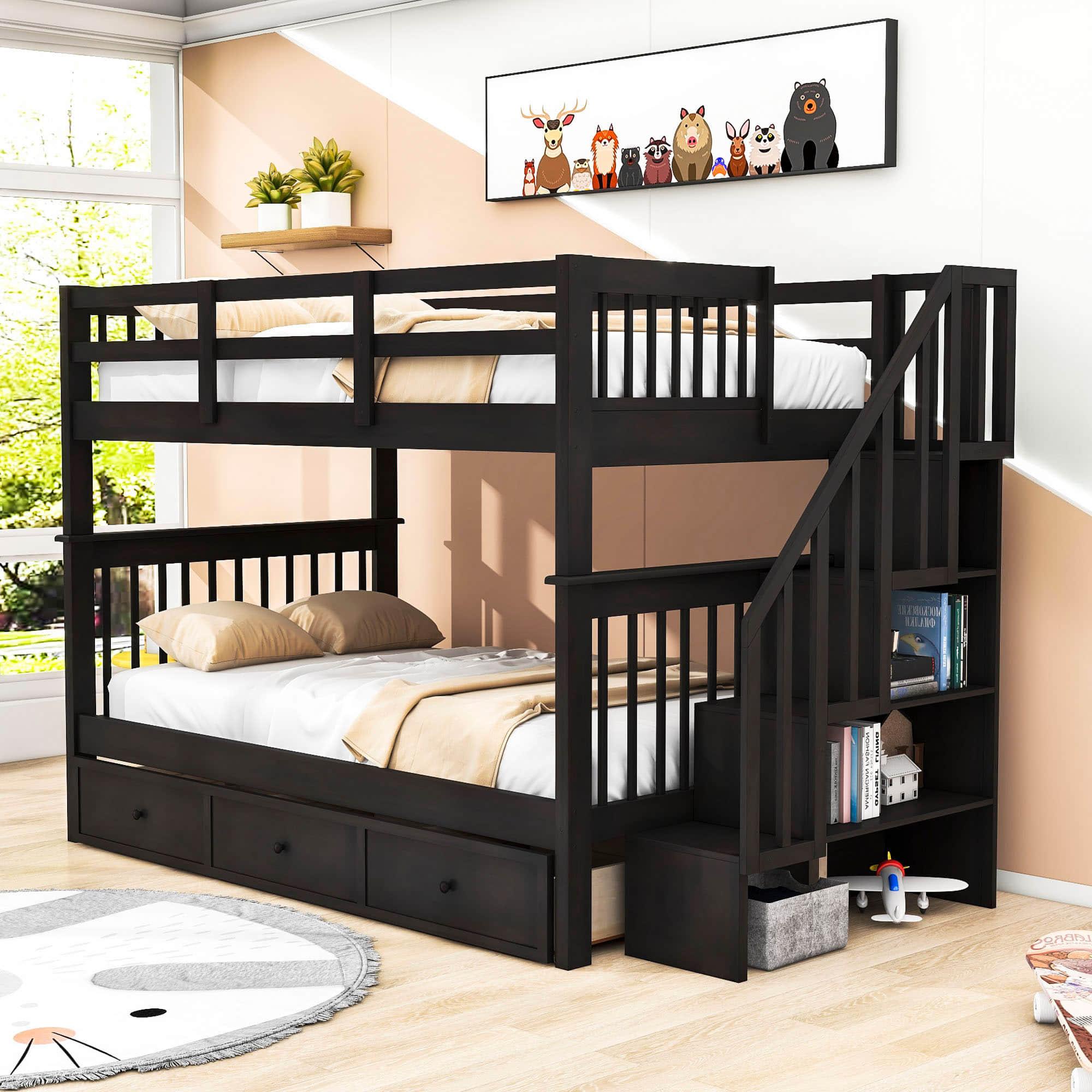 Wood Full Over Full Bunk Bed with Storage and Stairs - [Drawers, Shelves, Class]