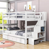 Wood Full Over Full Bunk Bed with Storage and Stairs - [Drawers, Shelves, Class]