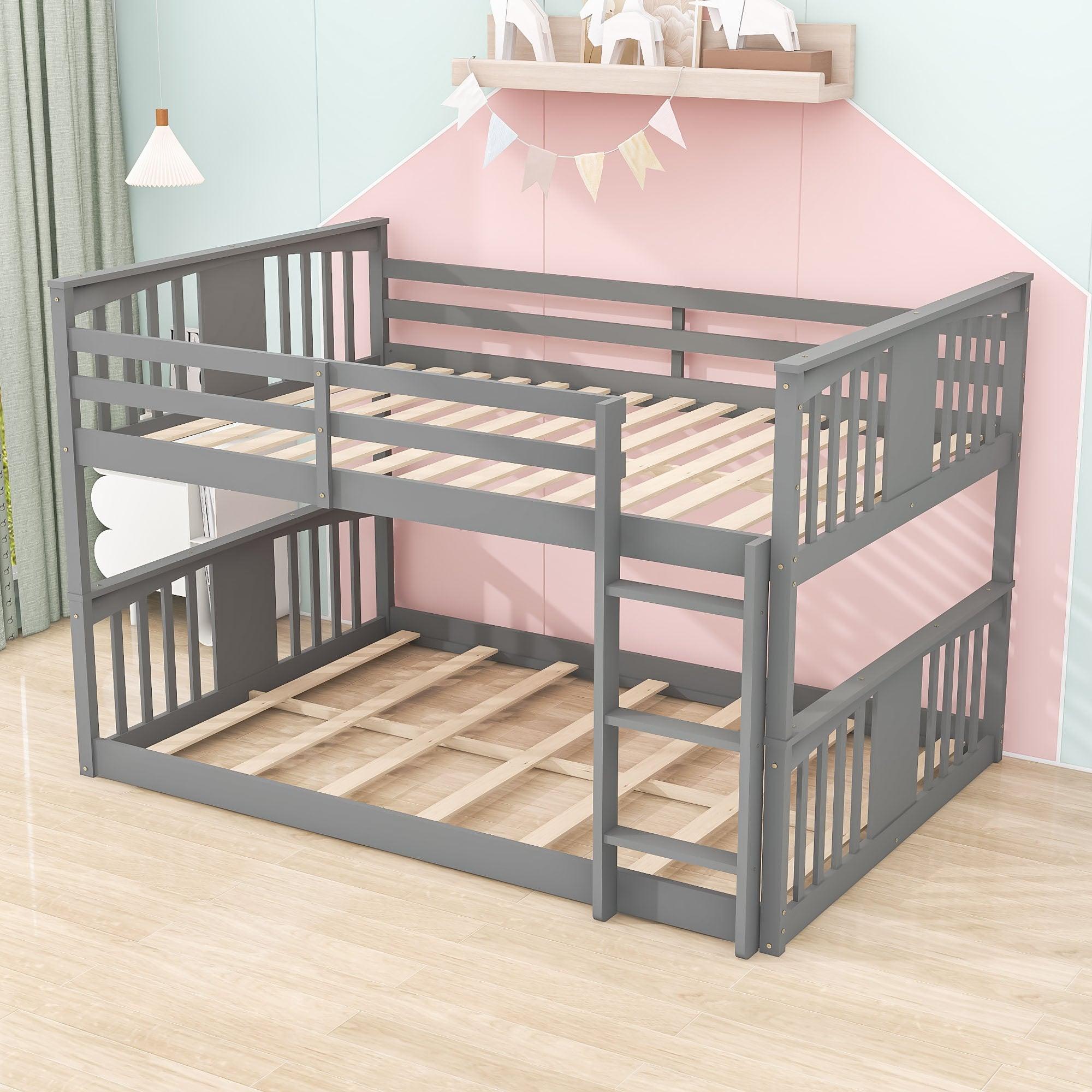 Wood Montessori Scandinavian Full Over Full Low Bunk Bed [Ladder, Guardrail]