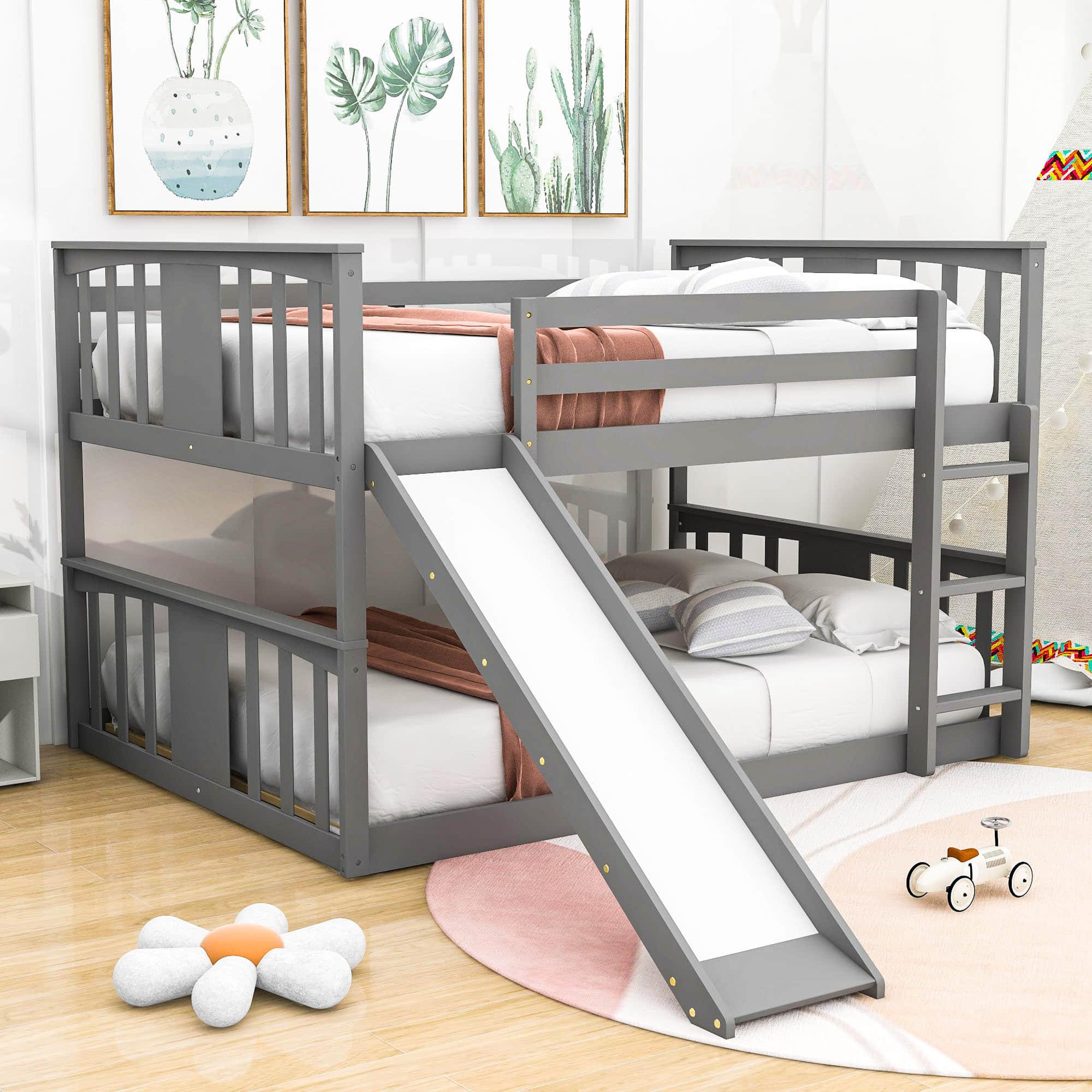 Montessori Twin Over Twin Fun Floor Bunk Bed with Slide - [Wood, Ladder, Low]