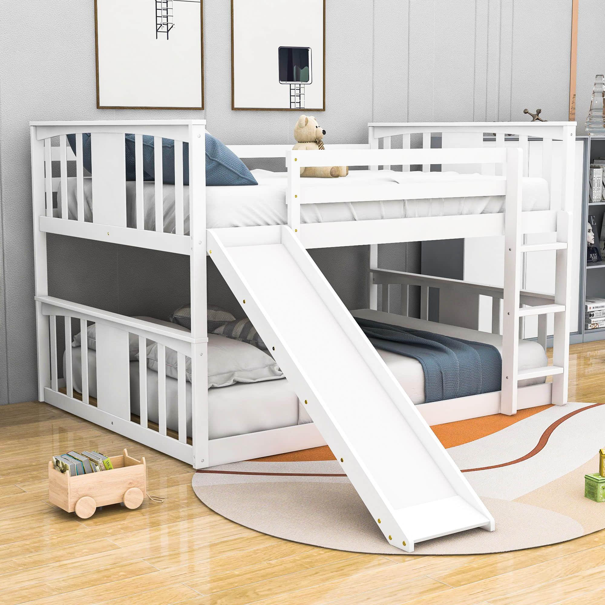 Montessori Twin Over Twin Fun Floor Bunk Bed with Slide - [Wood, Ladder, Low]