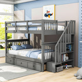 Wood Full Over Full Bunk Bed with Storage and Stairs - [Drawers, Shelves, Class]