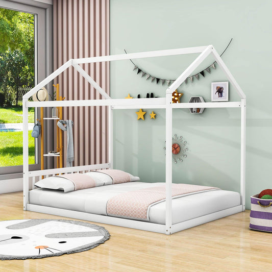 Wooden Queen Size Floor House Bed with Headboard for Toddler, Kids