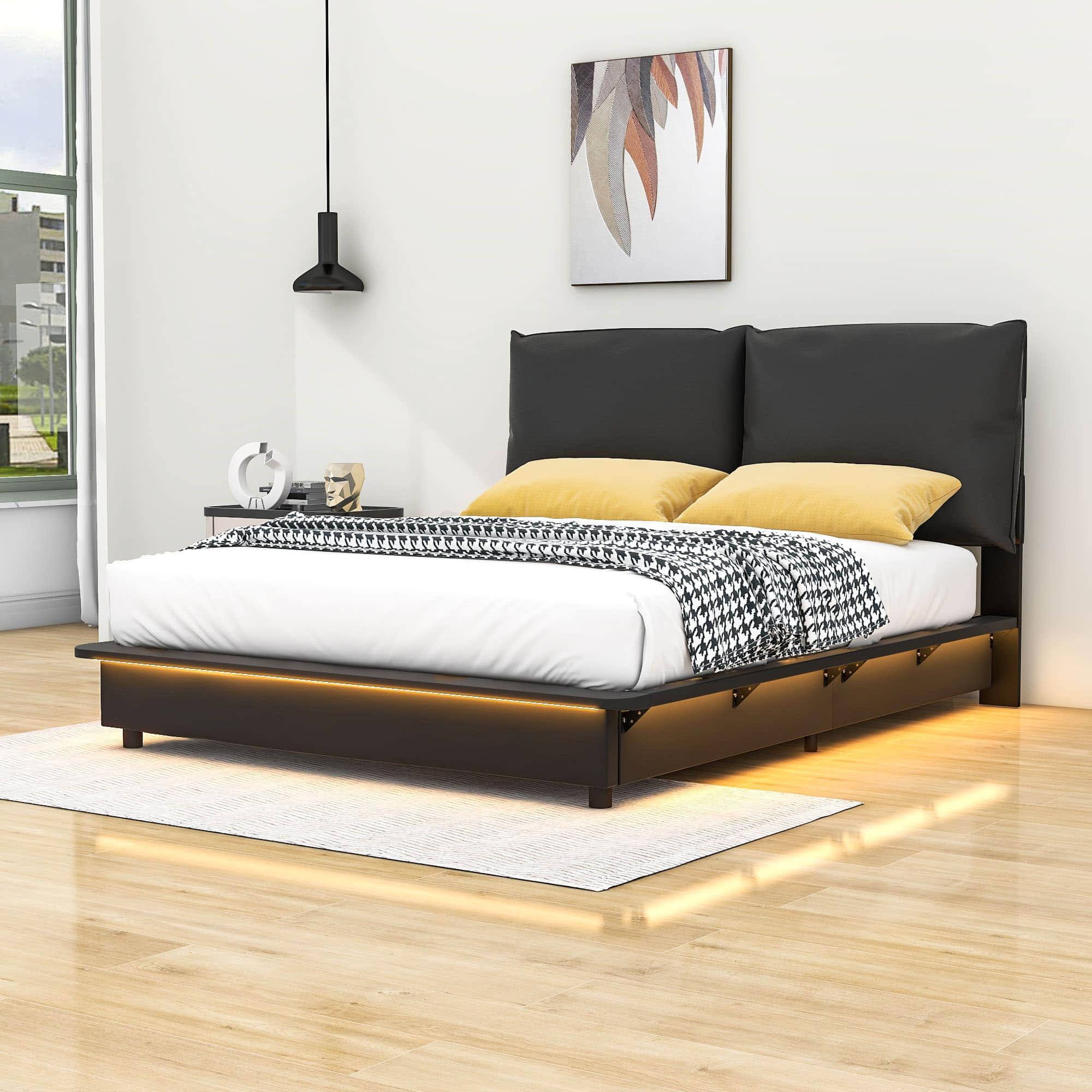 Upholstered Modern Queen Bed Frame with Headboard and LED Lights