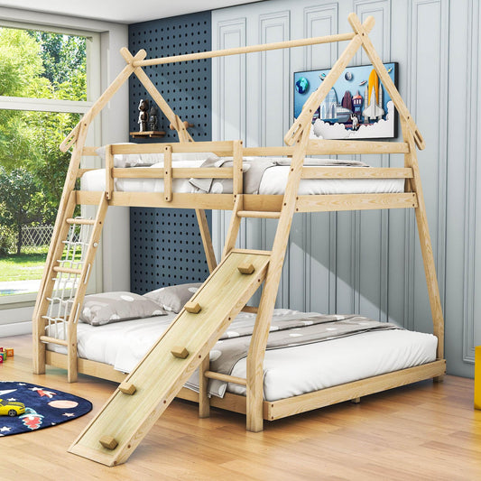 Low Twin Over Queen House Bunk Beds with Climbing Ramp & Nets - [Wooden]