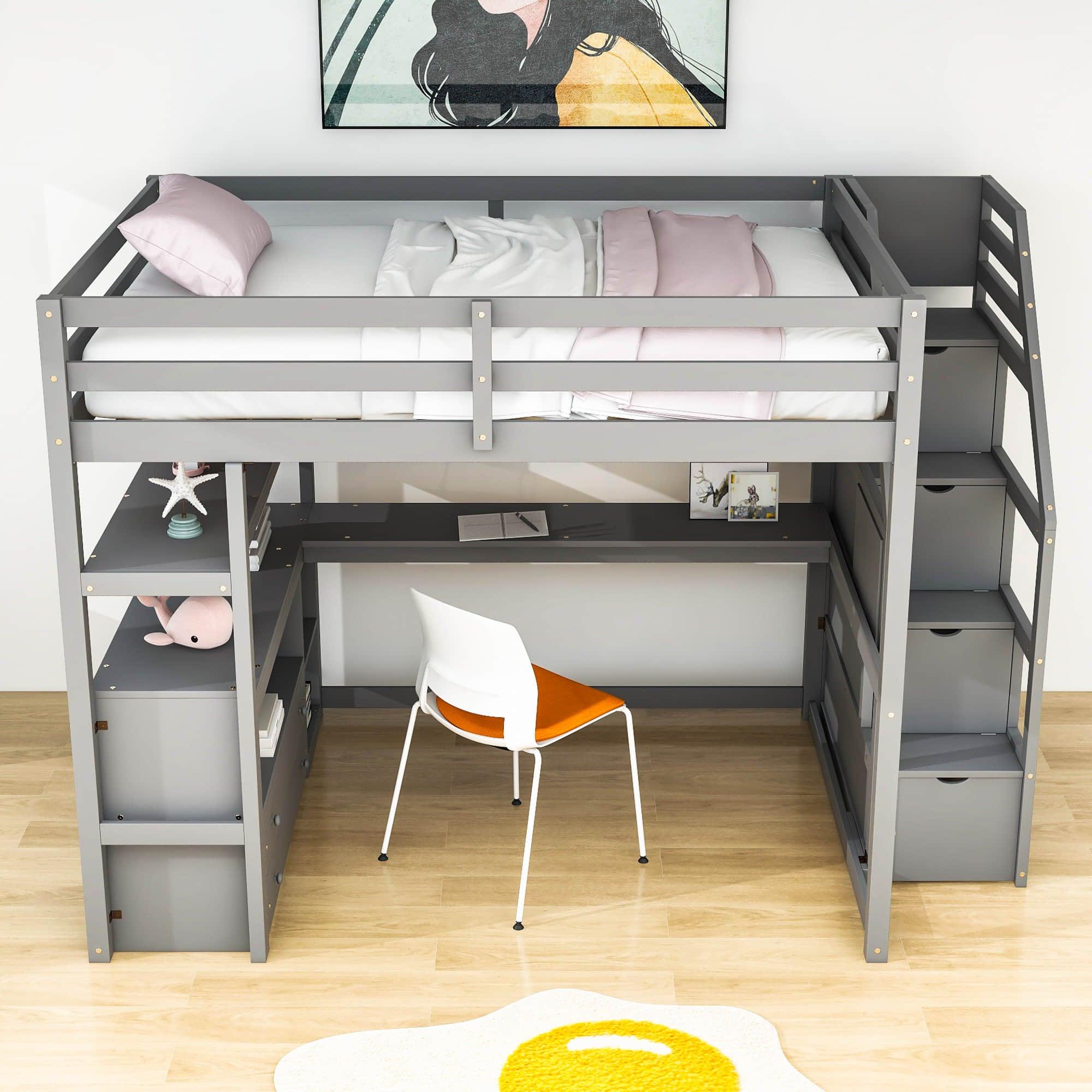 Full Loft Bed with Desk and Stairs, Storage for Kids, Adults - [Wooden]