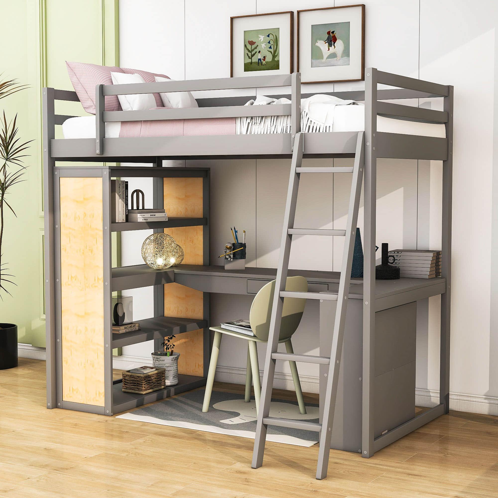 Twin Loft Bed with Desk and Storage Shelves for Adults, Teens