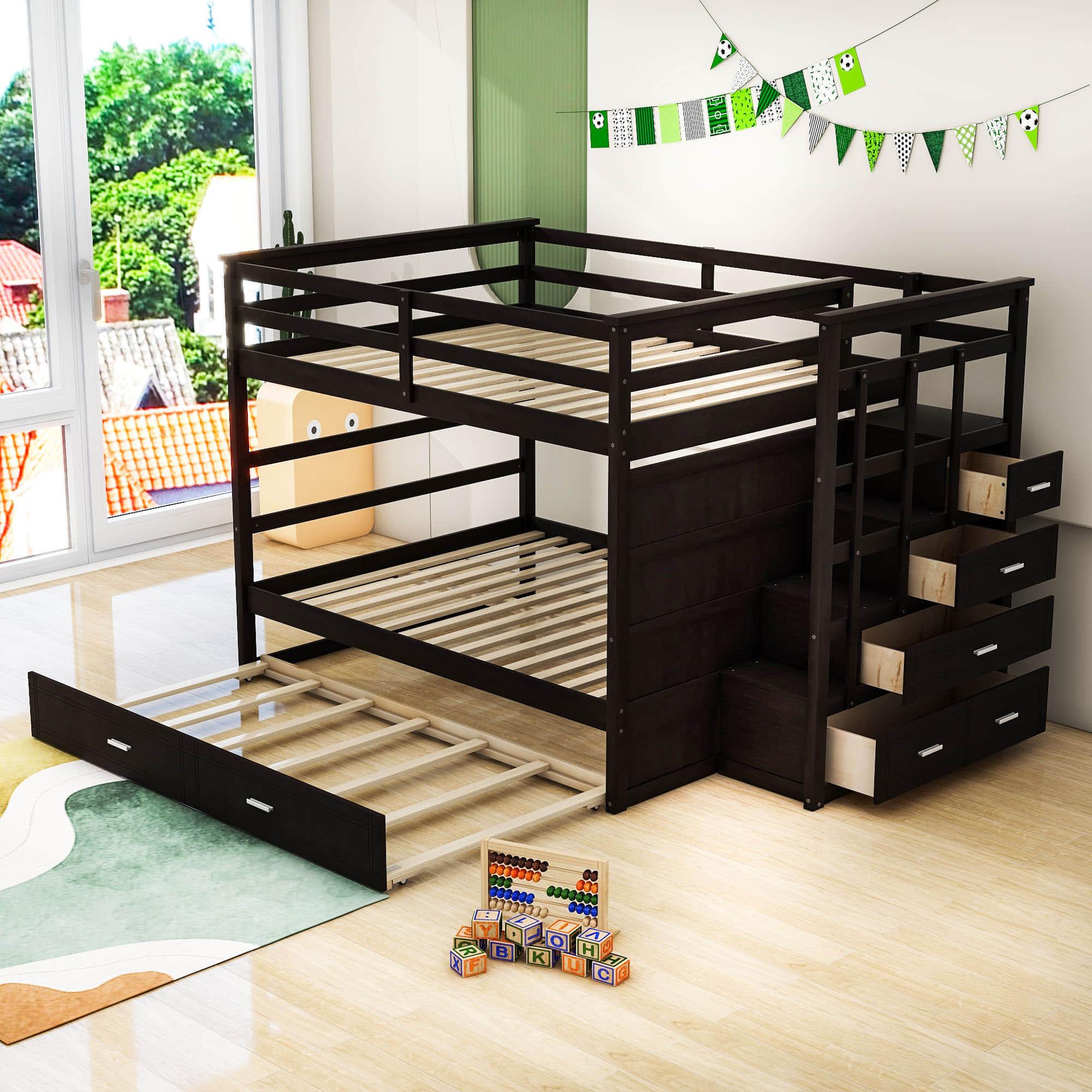 Full Size Bunk Beds with Stairs and Trundle, Storage for Kids, Adults