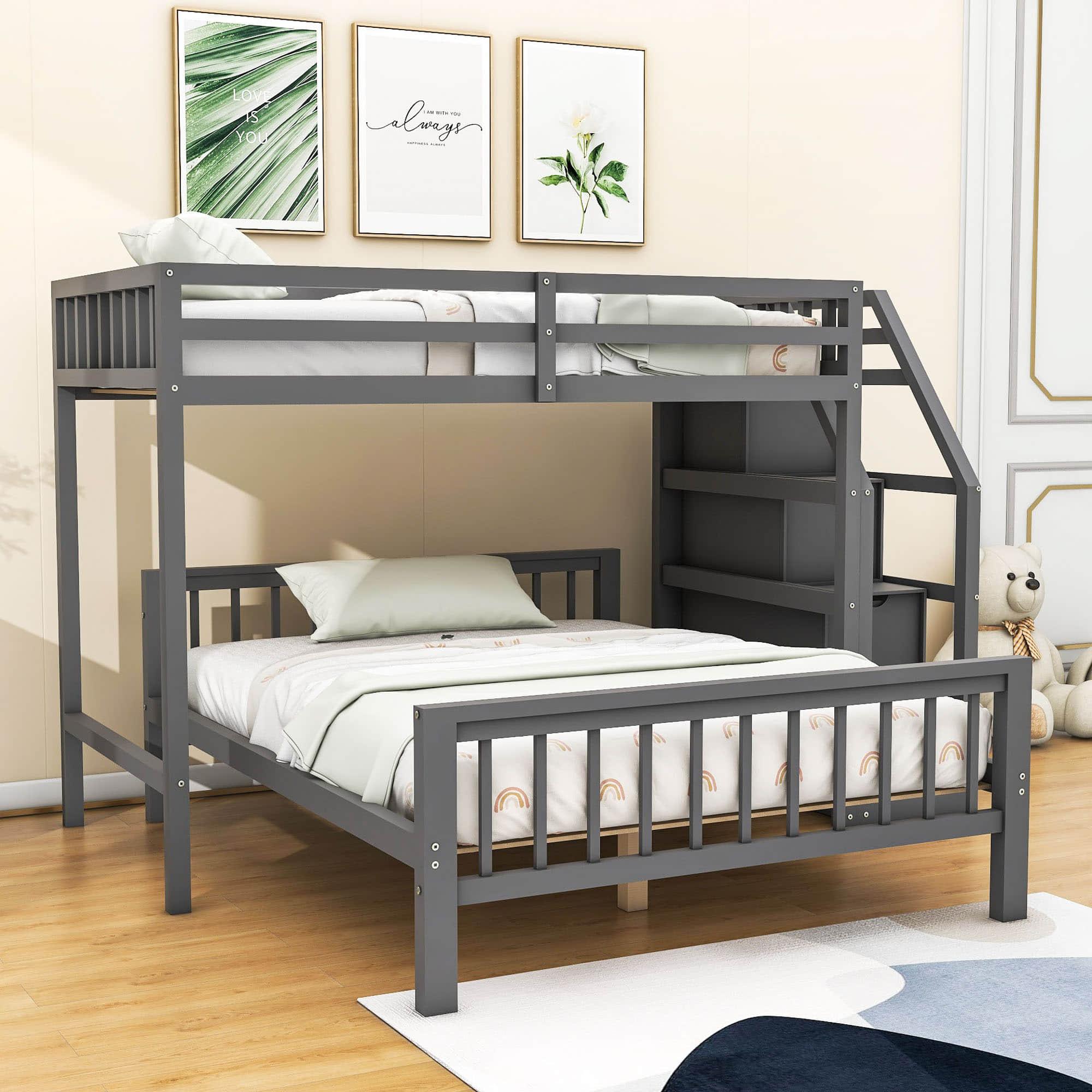 Twin Over Full Loft Bunk Beds with Stairs and Storage for Kids, Adults - [Detachable]