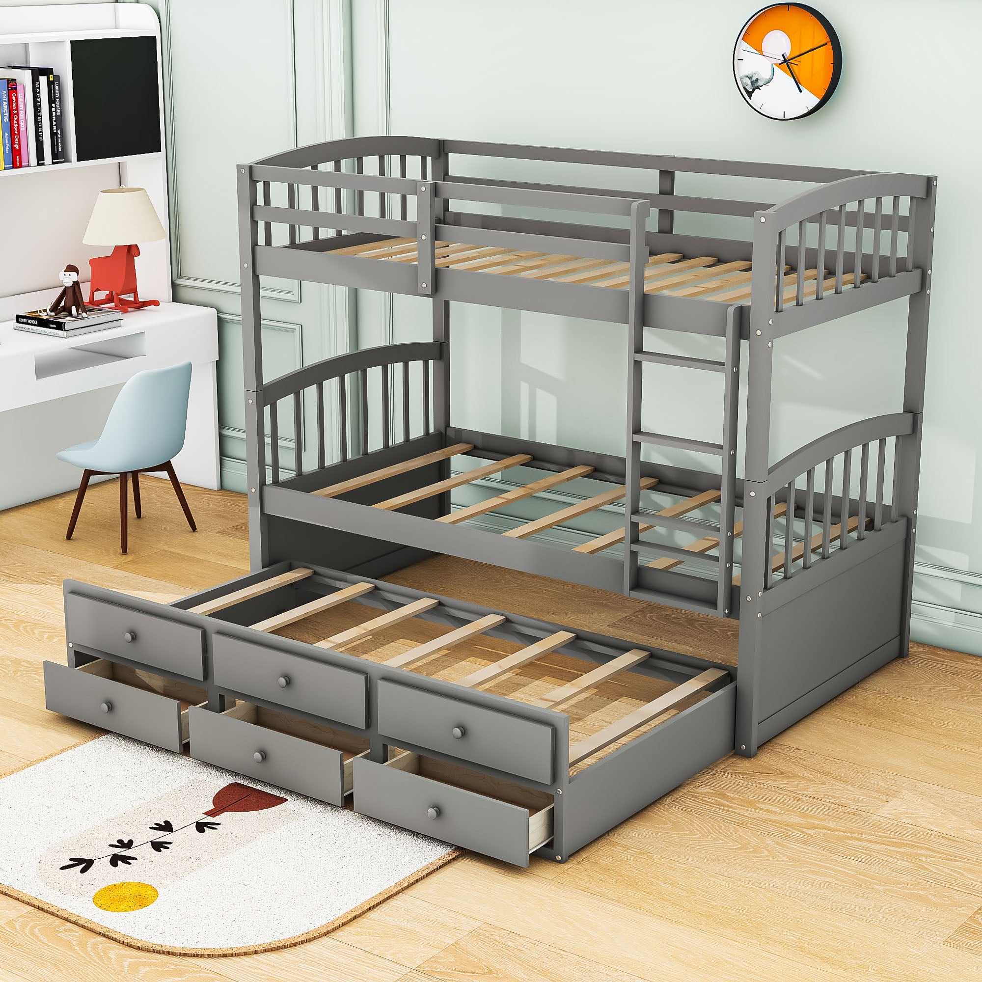 Convertible Twin Over Twin Bunk Beds for Kids Adults with Trundle and Storage - [Wood, Drawers]